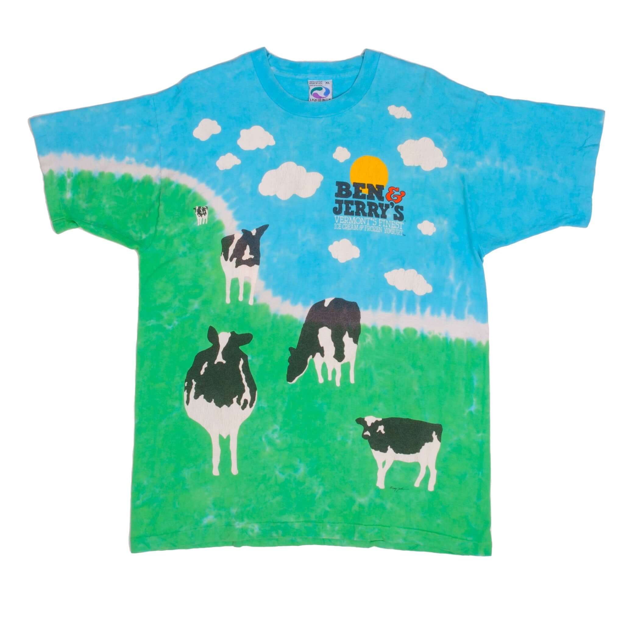 Vintage Tie-Dye Ben & Jerry's Ice Cream Euphoria Liquid Blue Tee Shirt 1990S Size XL Made In USA With Single Stitch Sleeves. Vermont's Finest All Natural Ice Cream