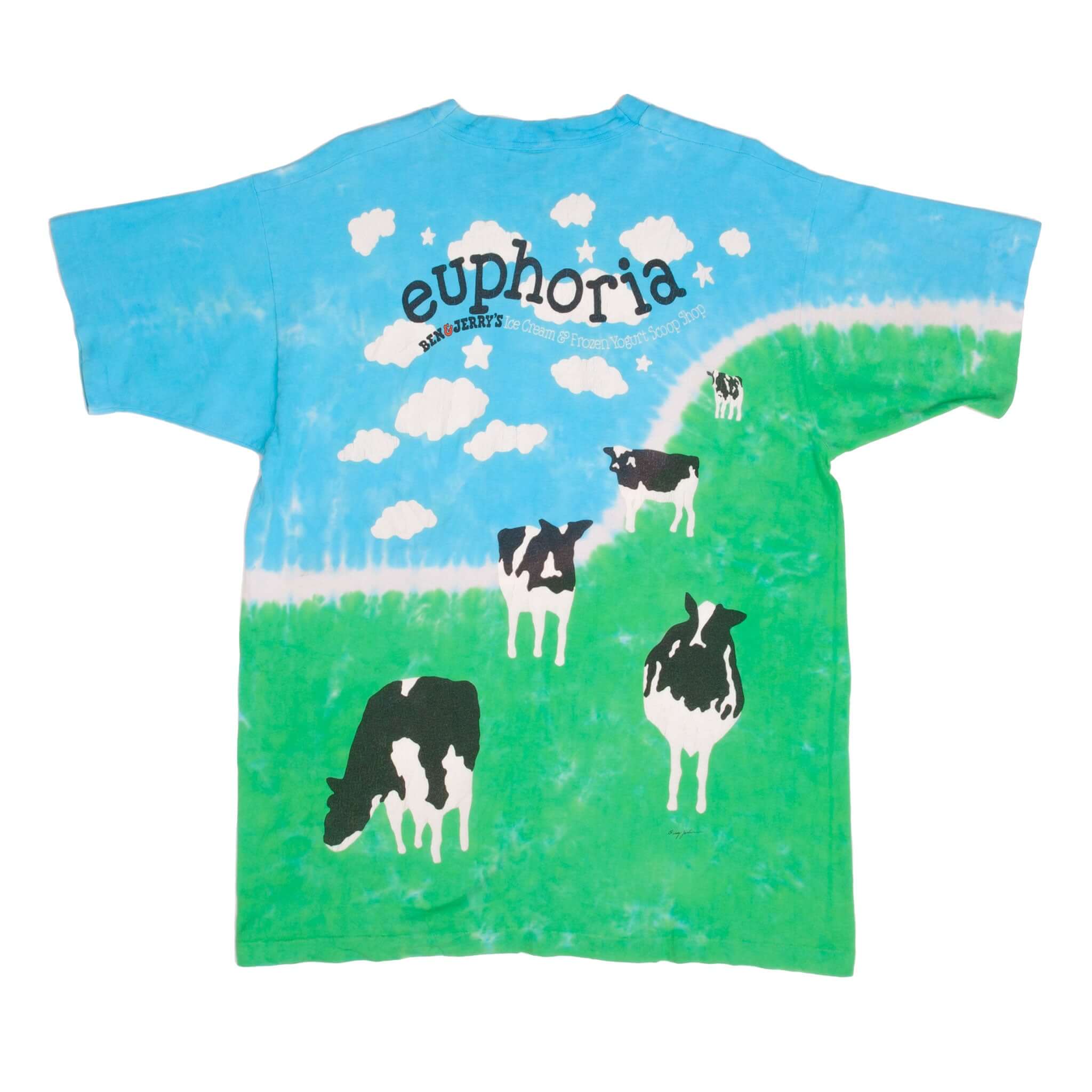 Vintage Tie-Dye Ben & Jerry's Ice Cream Euphoria Liquid Blue Tee Shirt 1990S Size XL Made In USA With Single Stitch Sleeves. Vermont's Finest All Natural Ice Cream