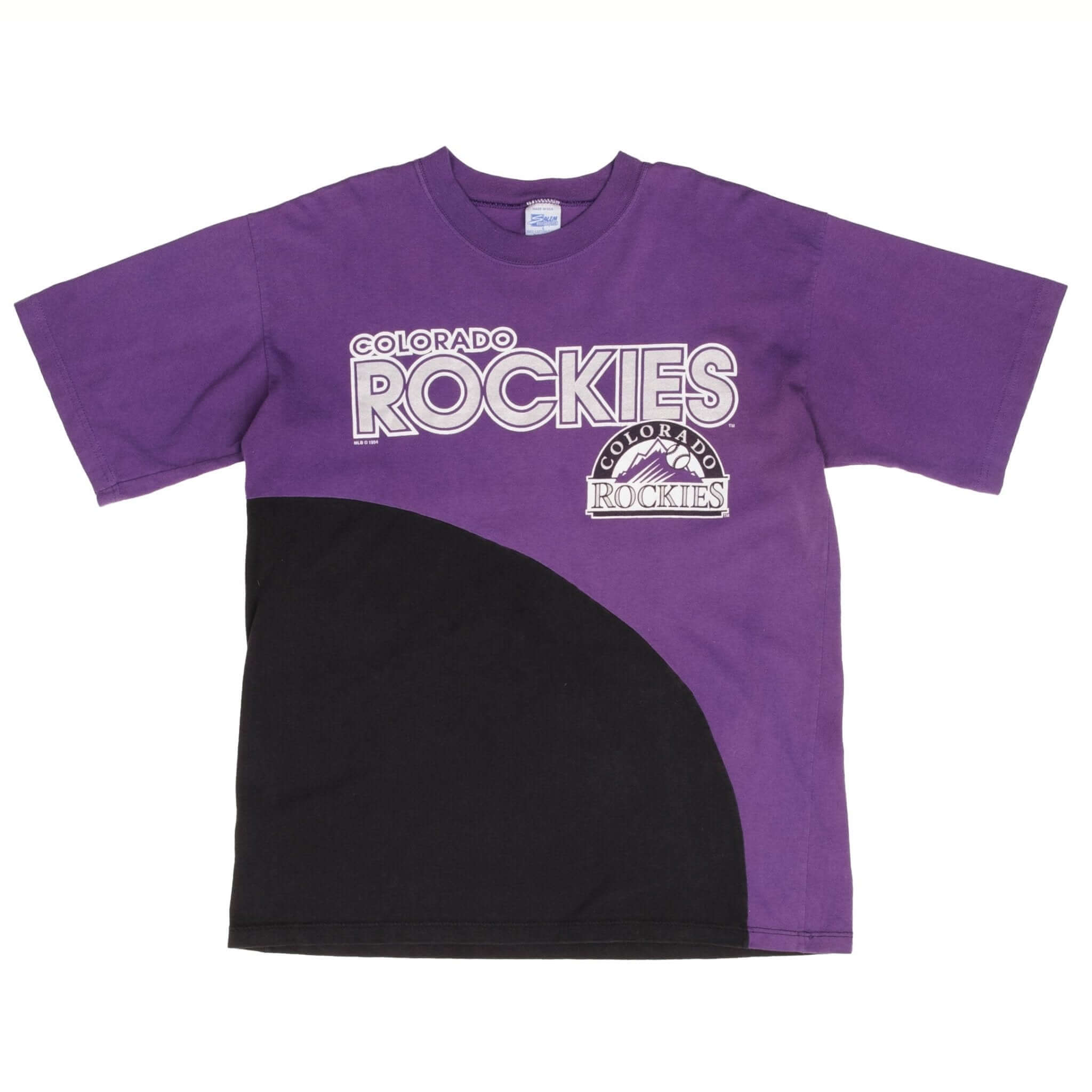 Full front view of purple and black Colorado Rockies MLB T-shirt