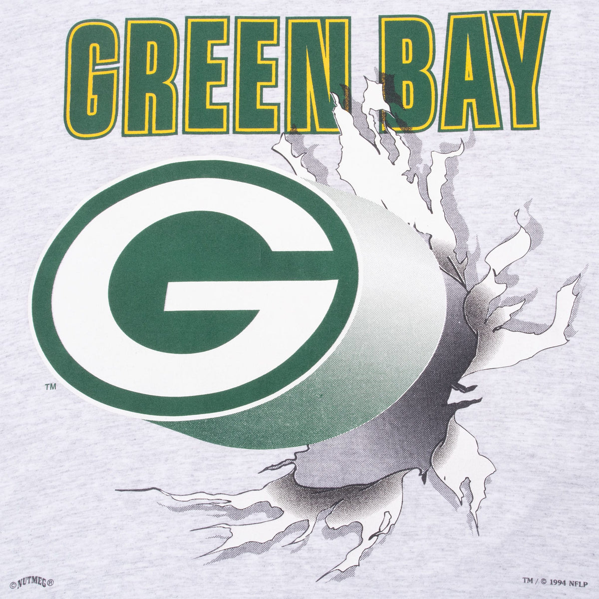 Close-up of front Green Bay lettering and Packers G logo breakout print