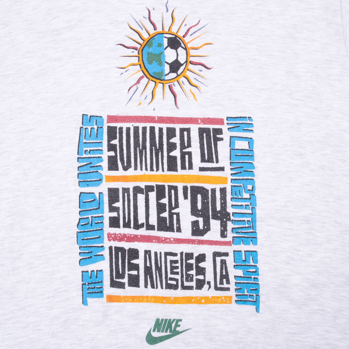 Close-up of Summer of Soccer '94 Los Angeles print with globe, soccer ball and green Nike Swoosh