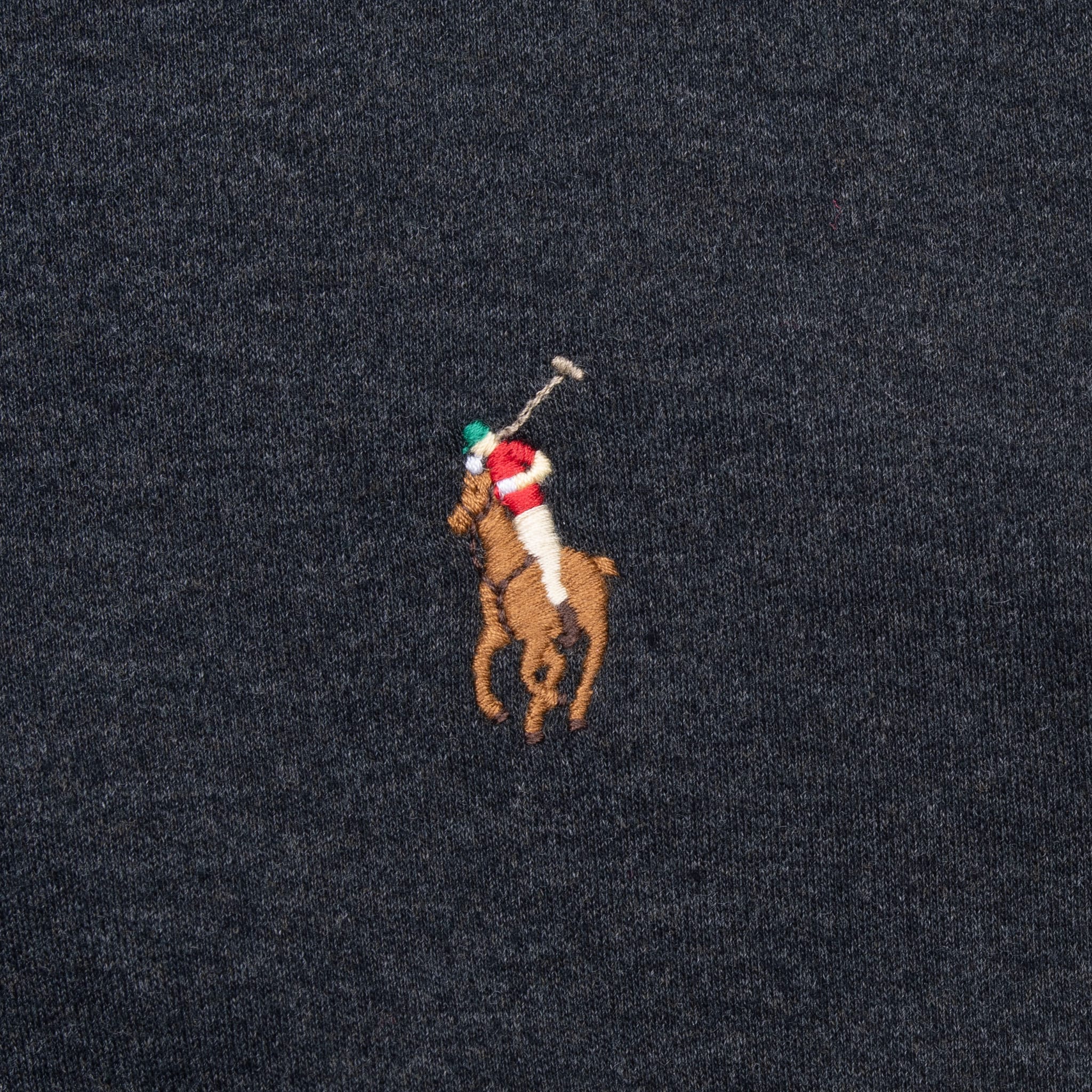 Multicolor embroidered Polo pony logo on dark grey fabric