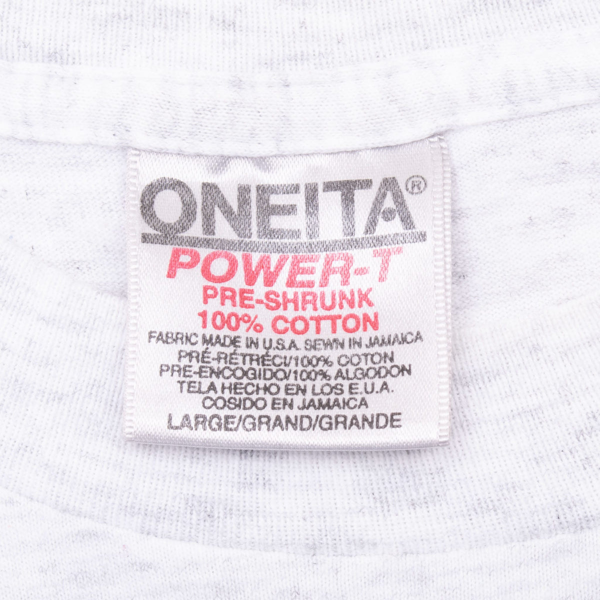 Oneita Power-T pre-shrunk cotton garment label marked large
