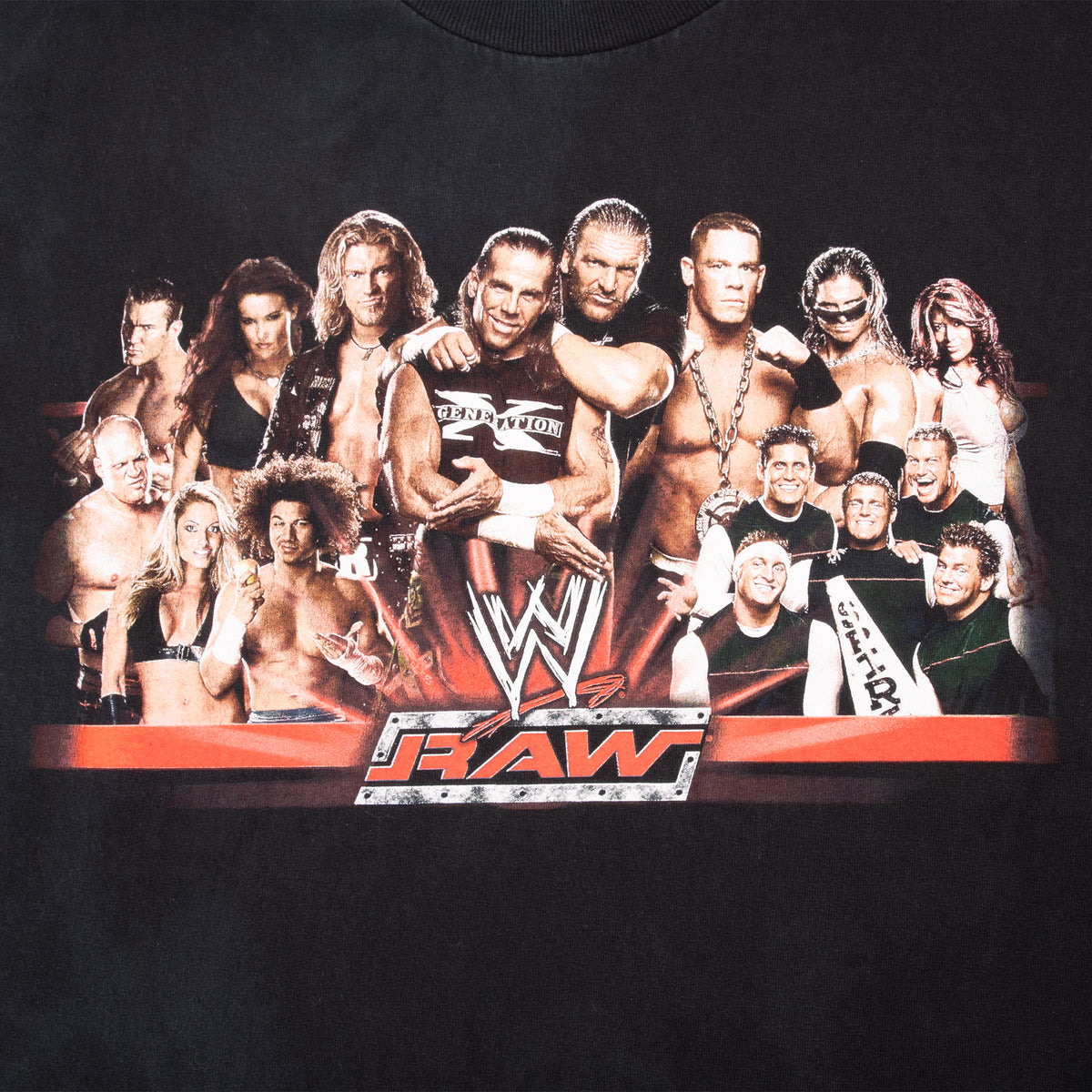 Front graphic detail of WWE Raw wrestling roster on black T-shirt