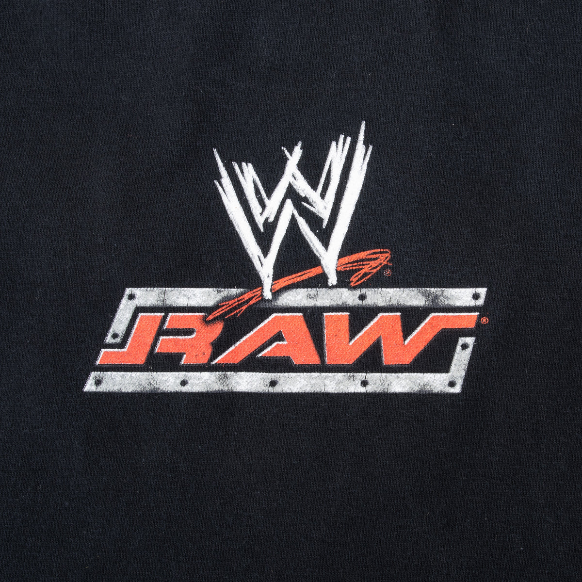 Back print detail of red, white and silver WWE Raw logo on black fabric