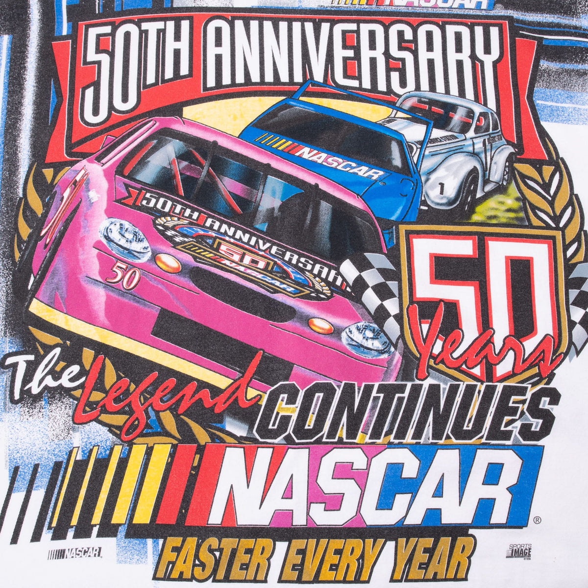 Front print detail with race cars, NASCAR logo and The Legend Continues lettering