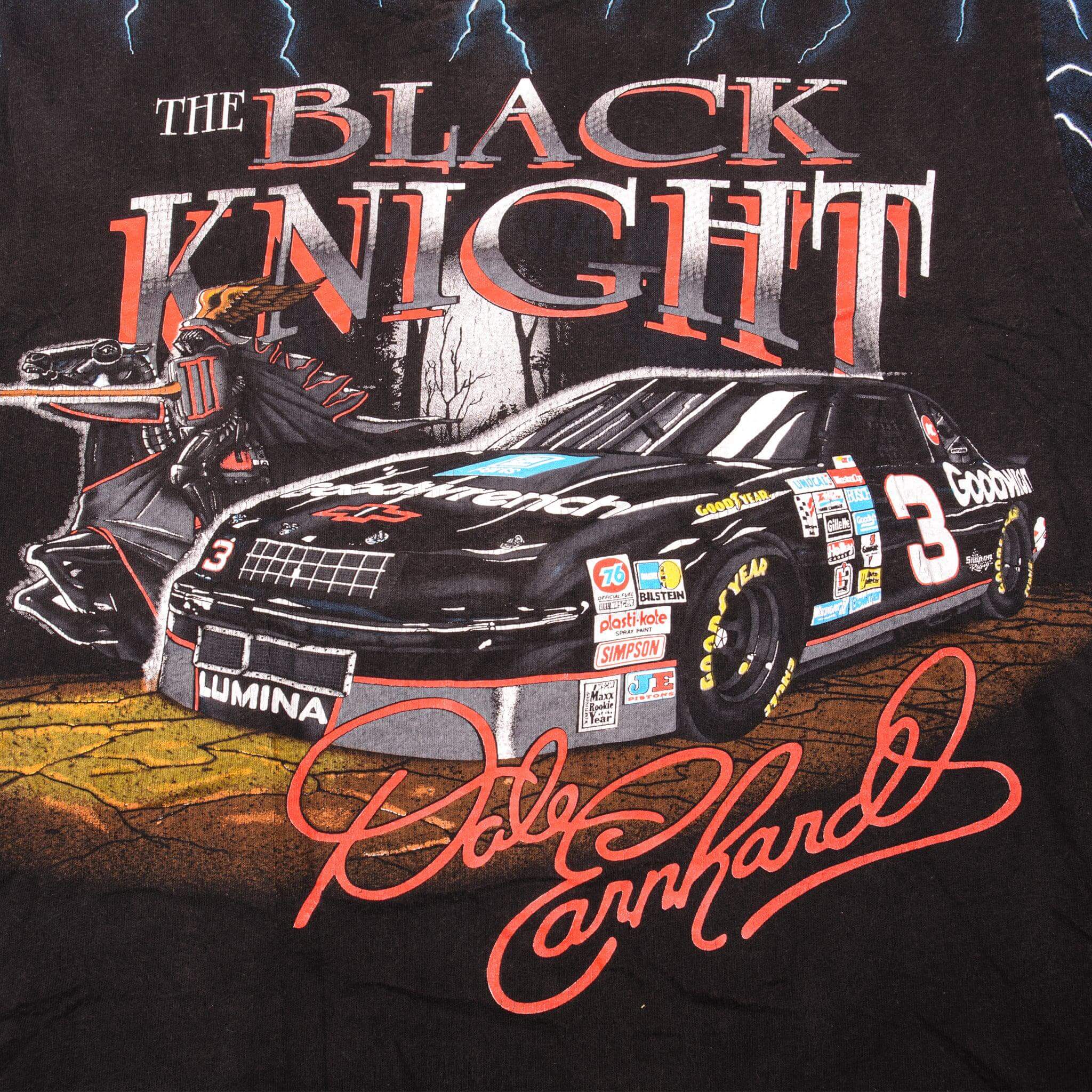 VINTAGE NASCAR DALE EARNHARDT THE BLACK KNIGHT 1990s TEE SHIRT SIZE XL ALL OVER PRINT MADE IN USA