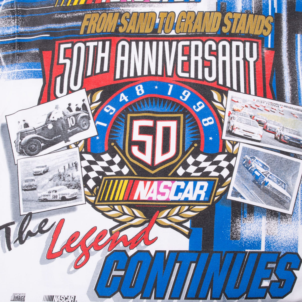 Back print detail with NASCAR 50th Anniversary emblem, checkered flags and racing photos