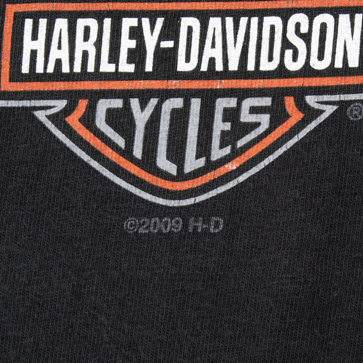 Close-up of orange, white, and gray Harley-Davidson Cycles logo with 2009 copyright mark