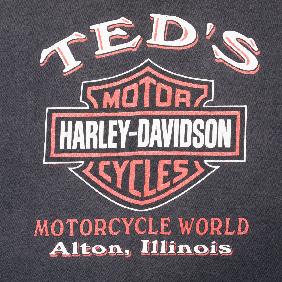 Close-up of Ted's Harley-Davidson Motorcycle World Alton, Illinois back print