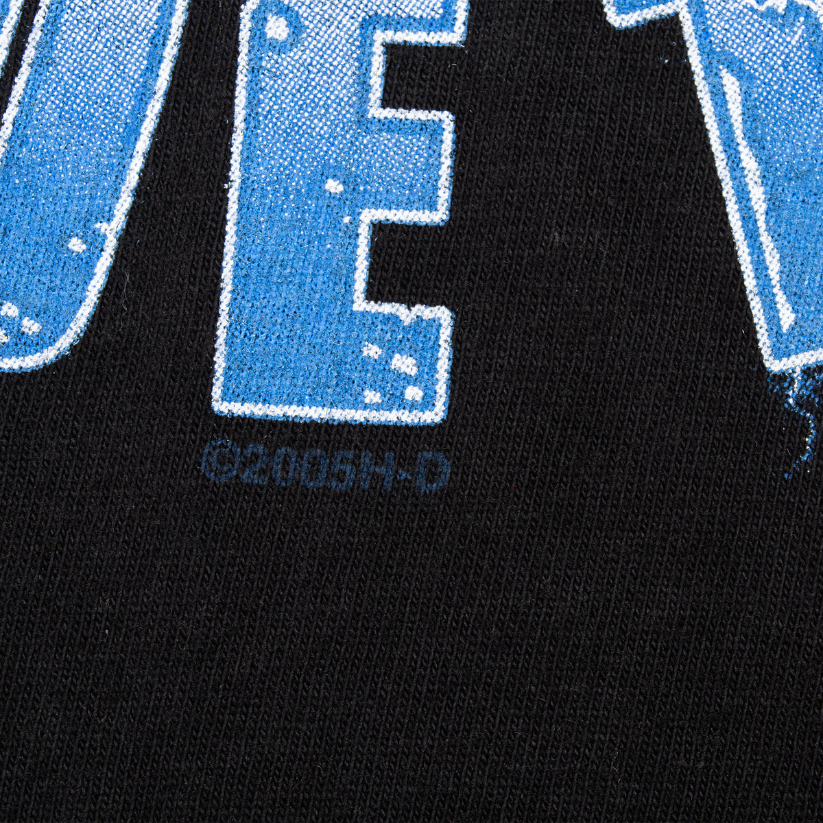 Close-up of 2005 copyright mark beneath blue front print