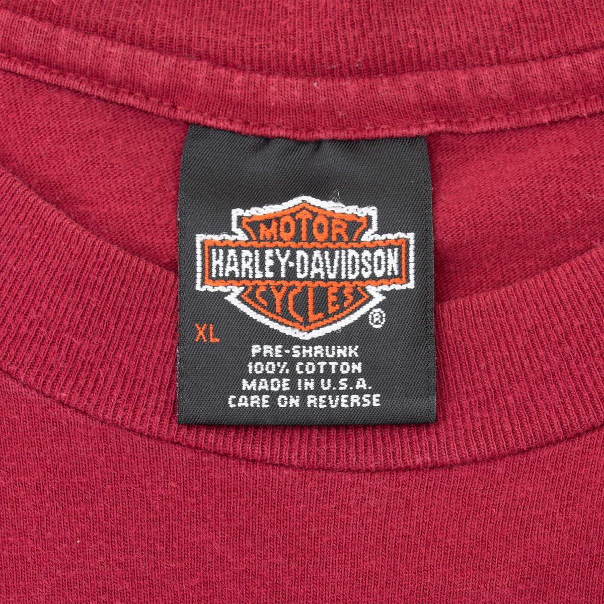 Harley-Davidson neck tag marked XL, pre-shrunk 100% cotton and made in USA