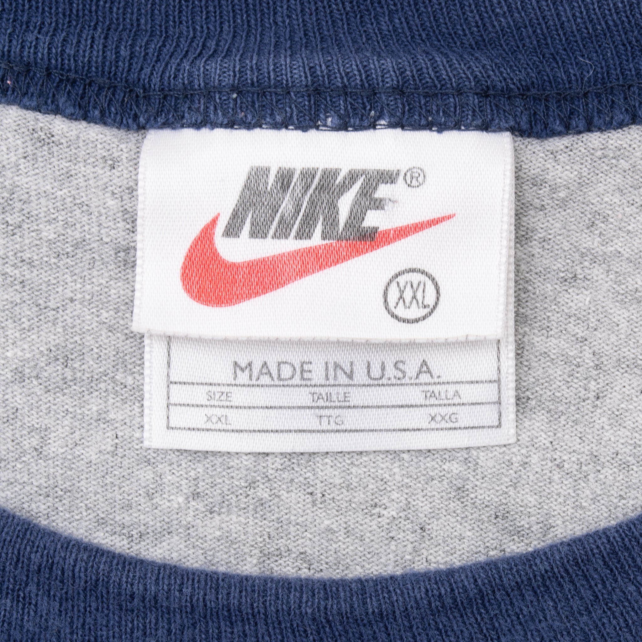 Vintage Nike Swoosh Grey Long Sleeve Ringer Tee Shirt 1990S Size 2XL Made In Usa