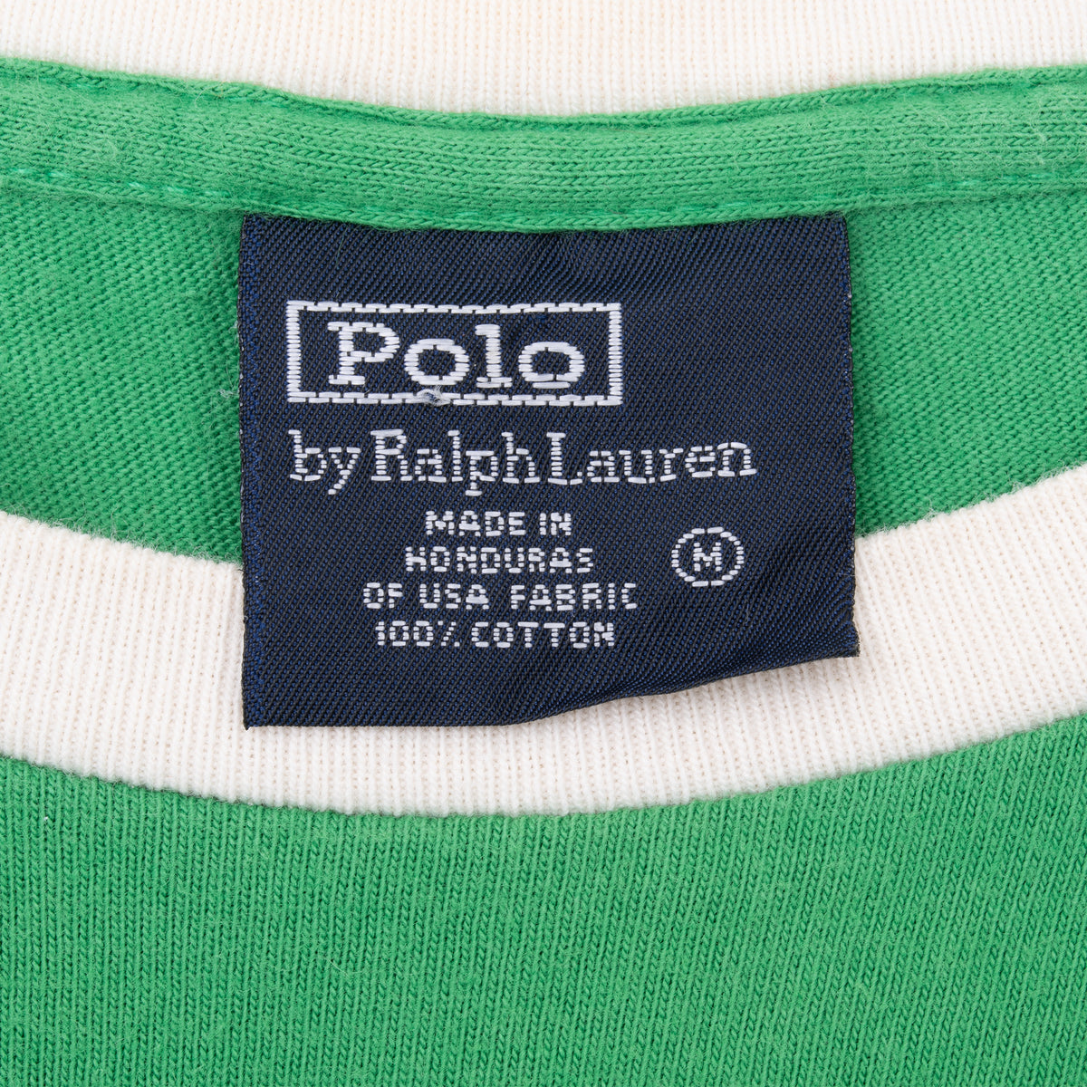 Polo by Ralph Lauren neck label on green ringer T-shirt