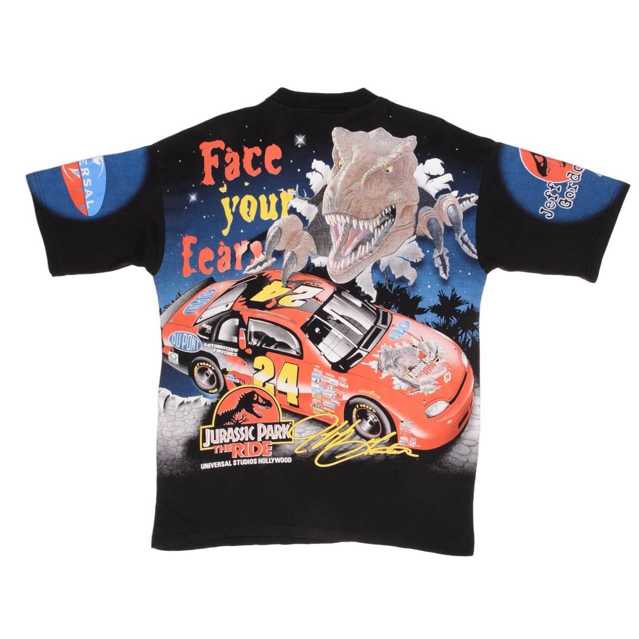 VINTAGE NASCAR ALL OVER PRINT GORDON JURASSIC PARK 1997 TEE SHIRT LARGE MADE USA