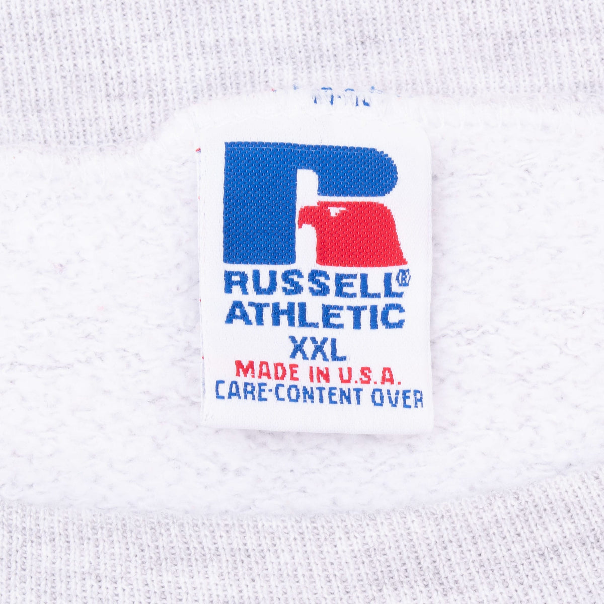 Russell Athletic XXL neck tag with Made in USA and care information
