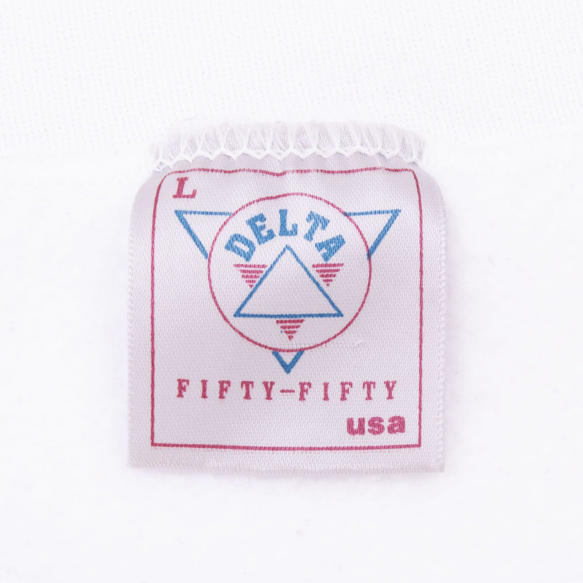 Delta Fifty-Fifty USA size large neck label on white sweatshirt