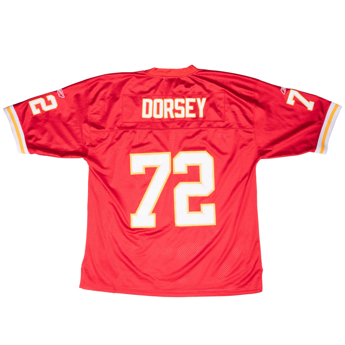 Back of red Kansas City Chiefs Dorsey jersey with white number 72