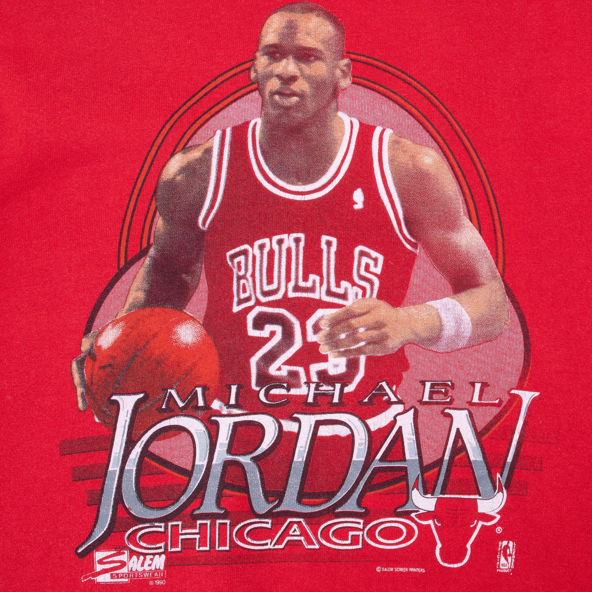 Close-up of Michael Jordan #23 graphic with Chicago Bulls logo and lettering