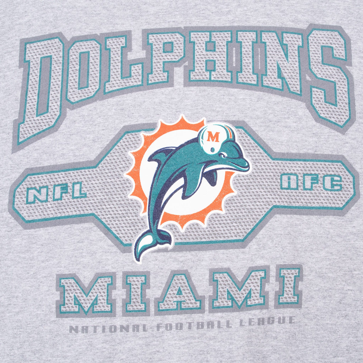 Close-up of aqua, orange and navy Miami Dolphins NFL front graphic