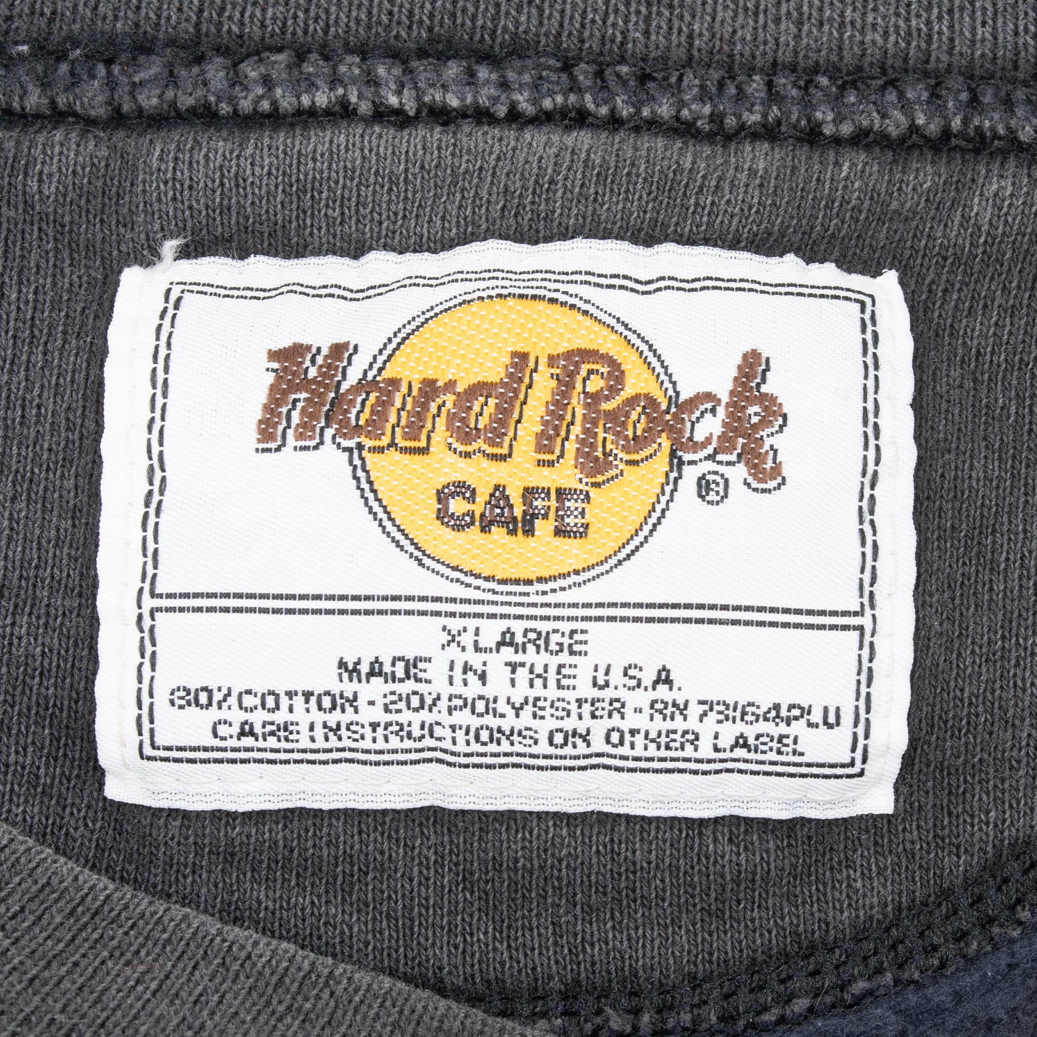 Hard Rock Cafe neck label showing size XL and Made in the USA text
