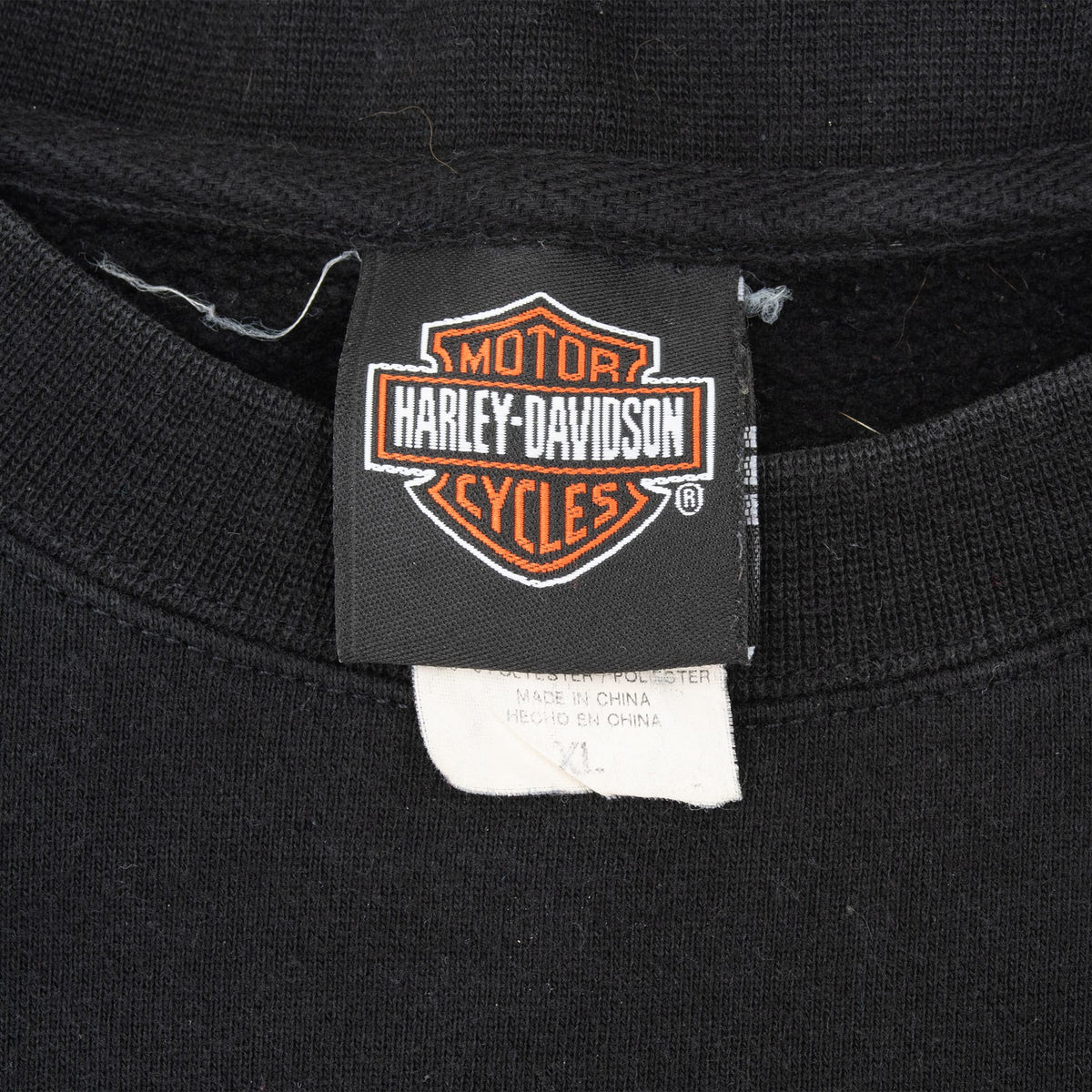 Harley-Davidson Bar & Shield neck label inside black crewneck sweatshirt