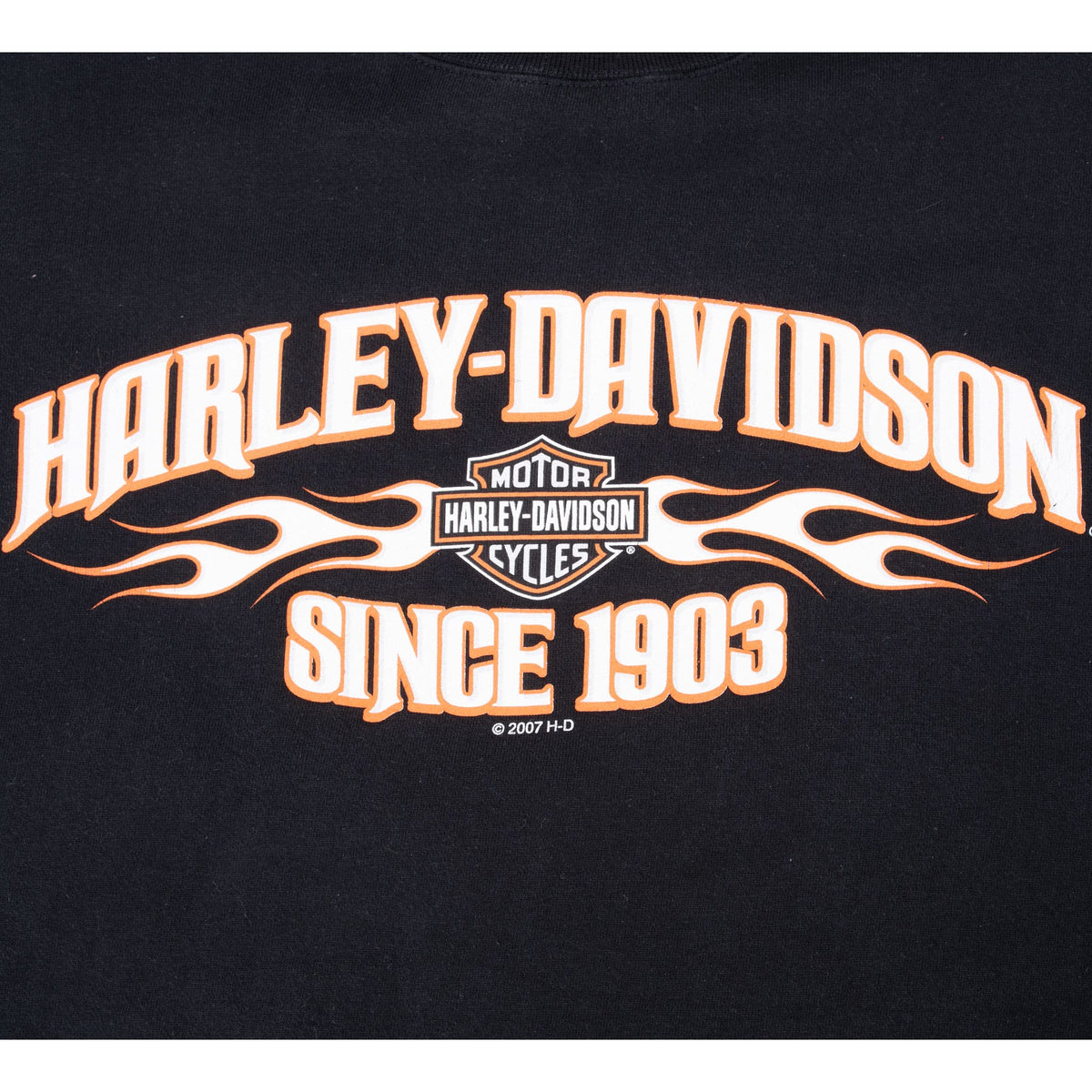 Front print detail with Harley-Davidson lettering, flames, Bar & Shield logo and Since 1903 text