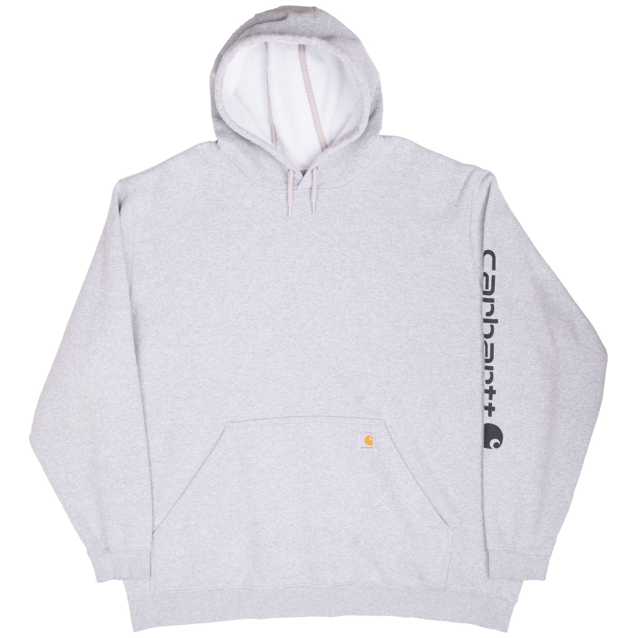 Front view of grey Carhartt hoodie with black sleeve graphic