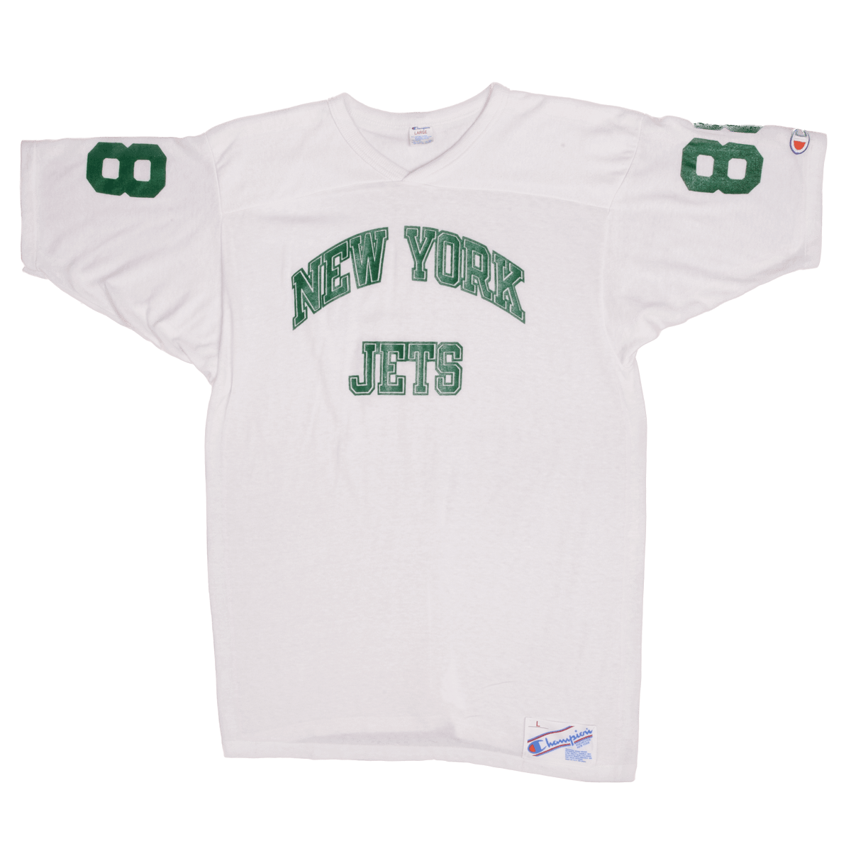 Full front view of white Champion New York Jets 88 jersey