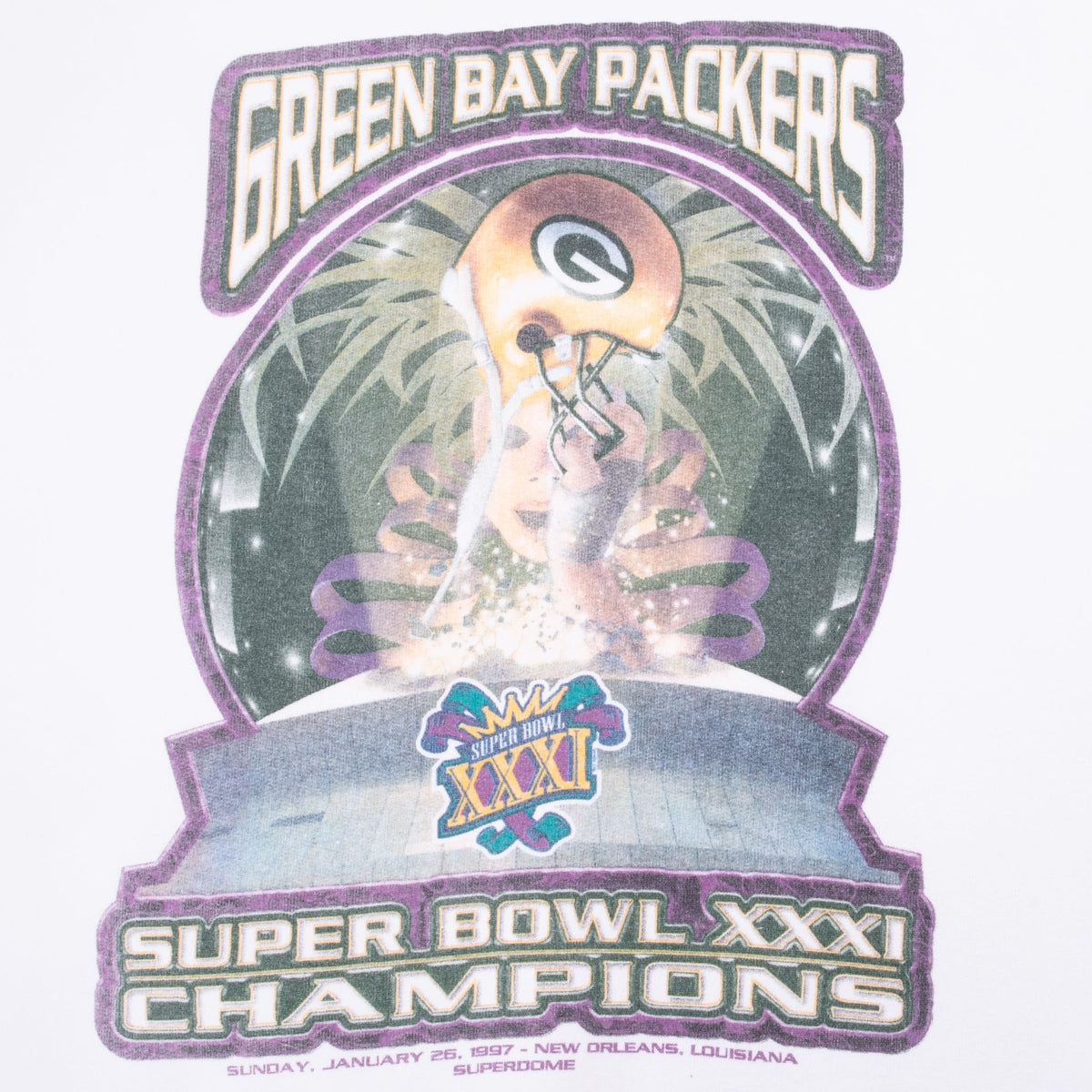 Close-up of Green Bay Packers helmet and Super Bowl XXXI Champions front graphic
