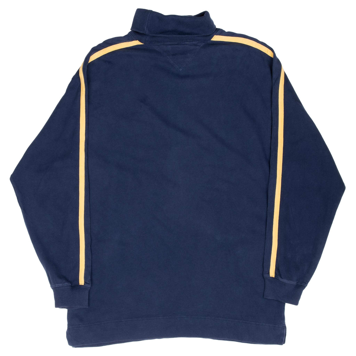 Back of navy Tommy Hilfiger Athletics turtleneck shirt with gold sleeve stripes