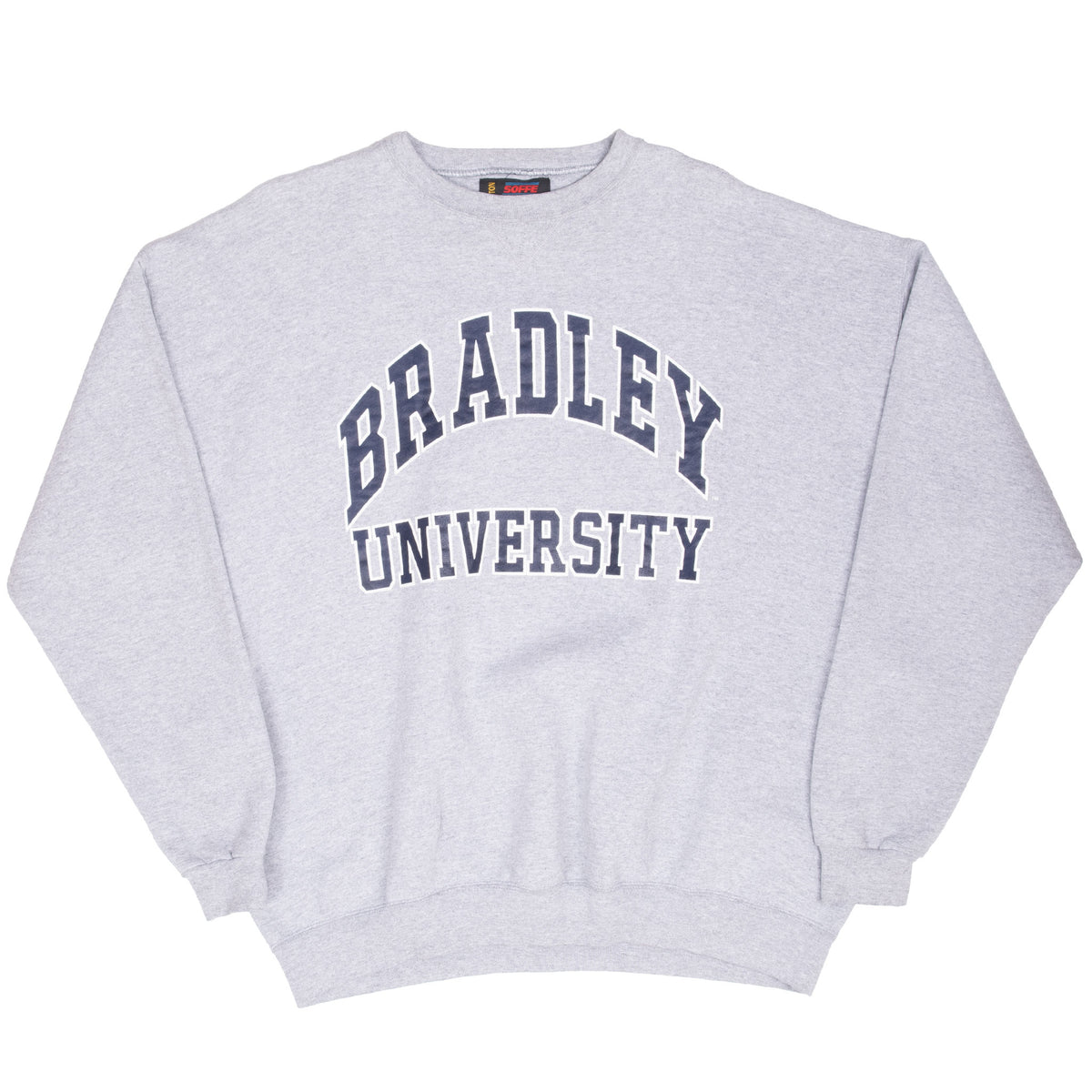 Full front view of gray Bradley University crewneck sweatshirt