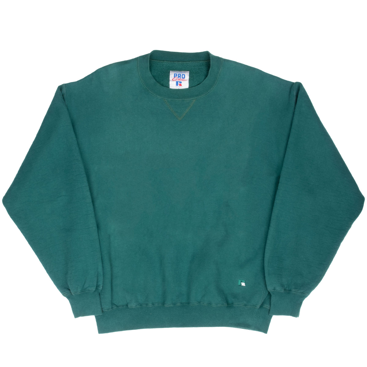 Full front view of green Russell Athletic Pro Cotton crewneck sweatshirt