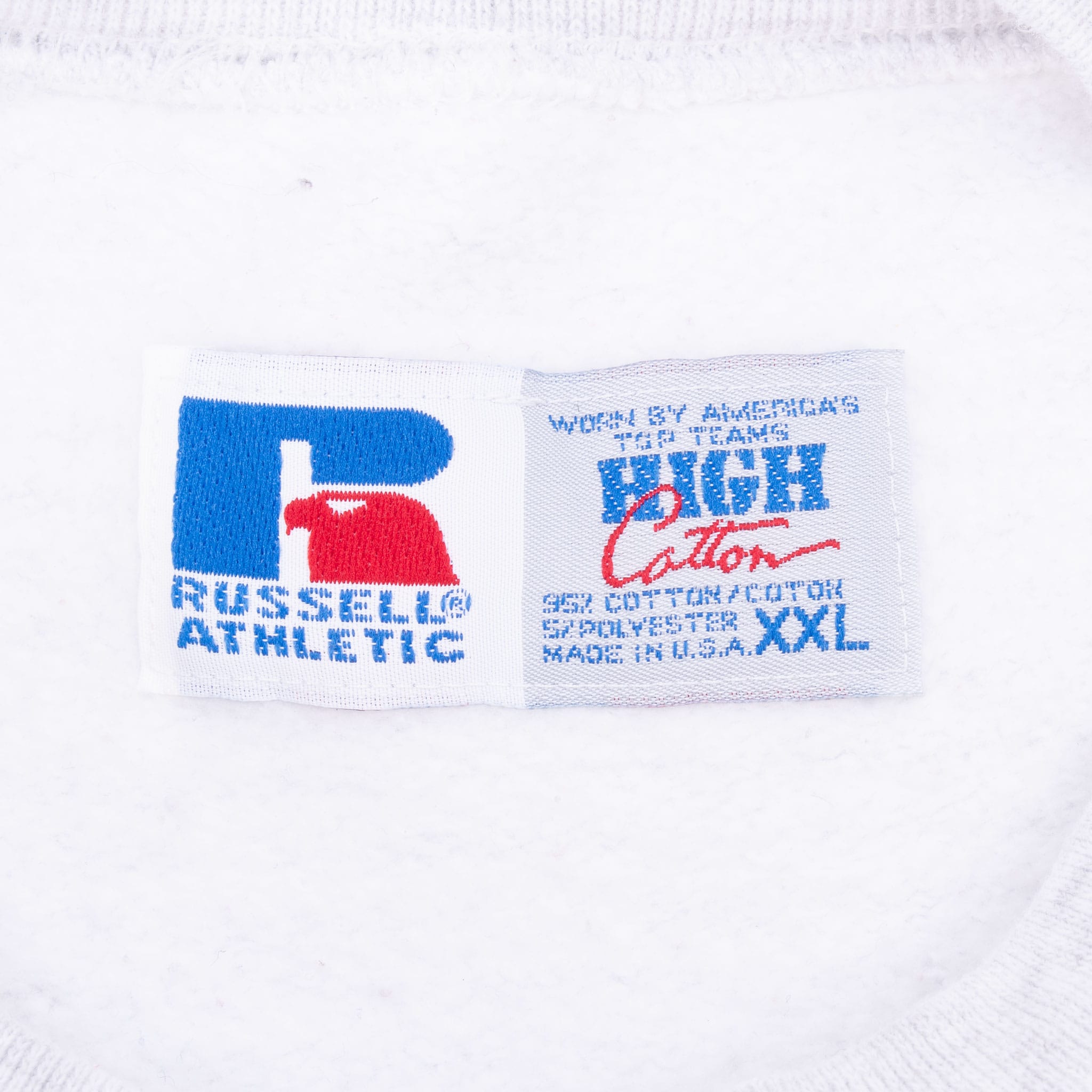 Russell Athletic High Cotton sweatshirt neck tag marked XXL and Made in USA