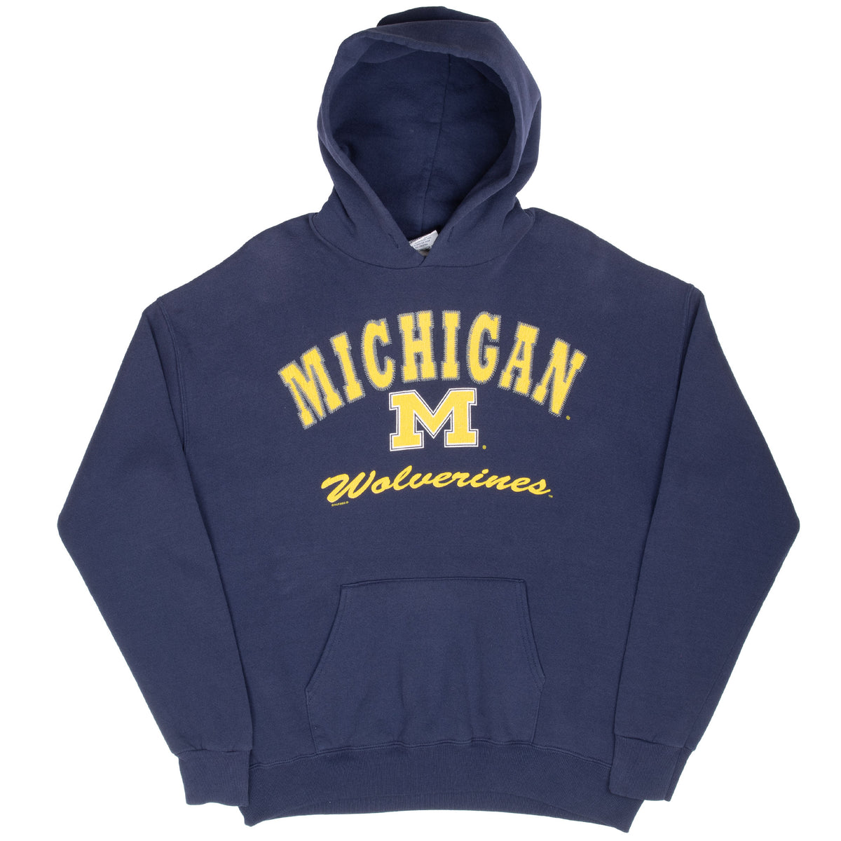 Full front view of navy Michigan Wolverines hoodie with maize graphics and pouch pocket