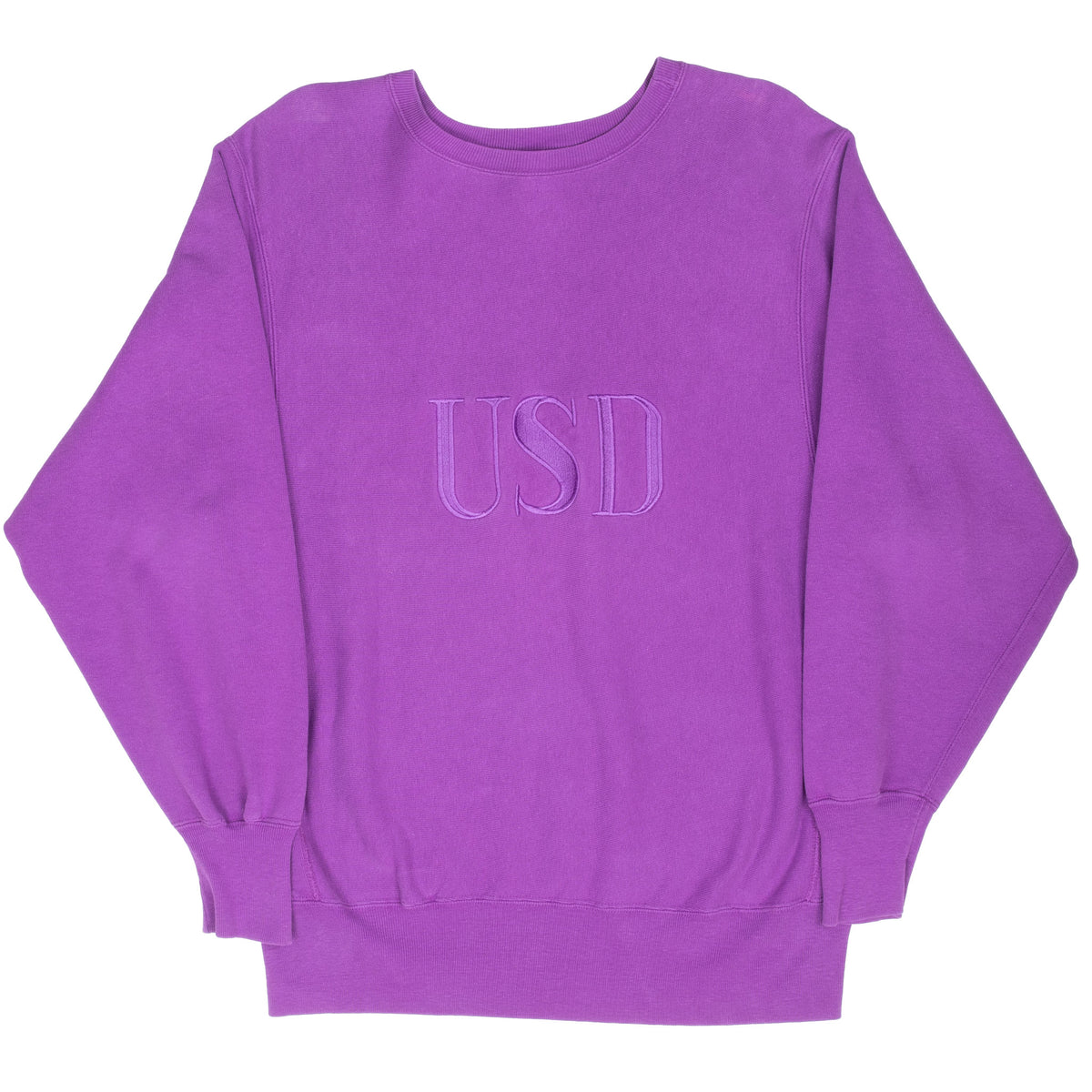 Full front view of purple Champion sweatshirt with embroidered USD lettering
