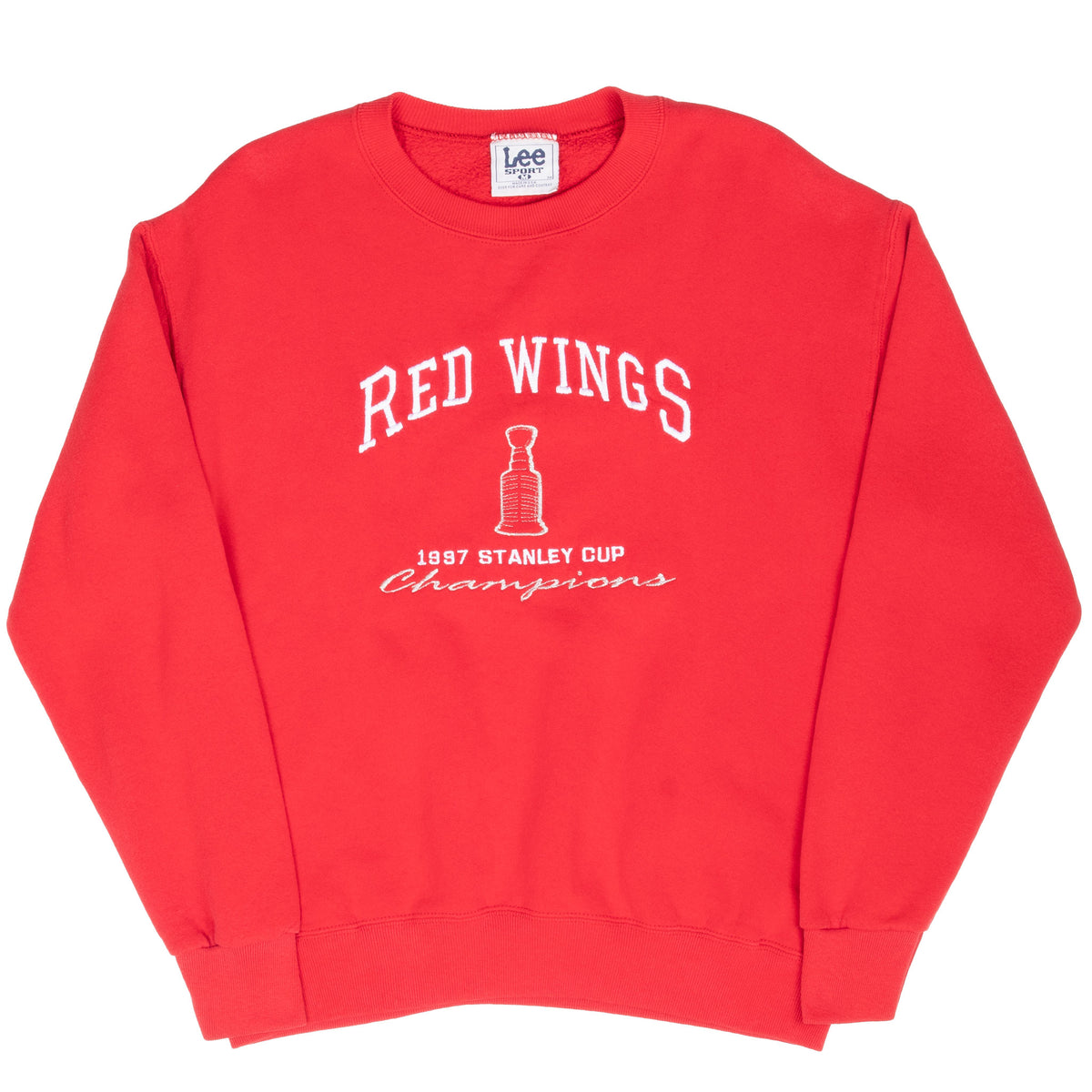 Full front view of red Detroit Red Wings 1997 Stanley Cup Champions sweatshirt