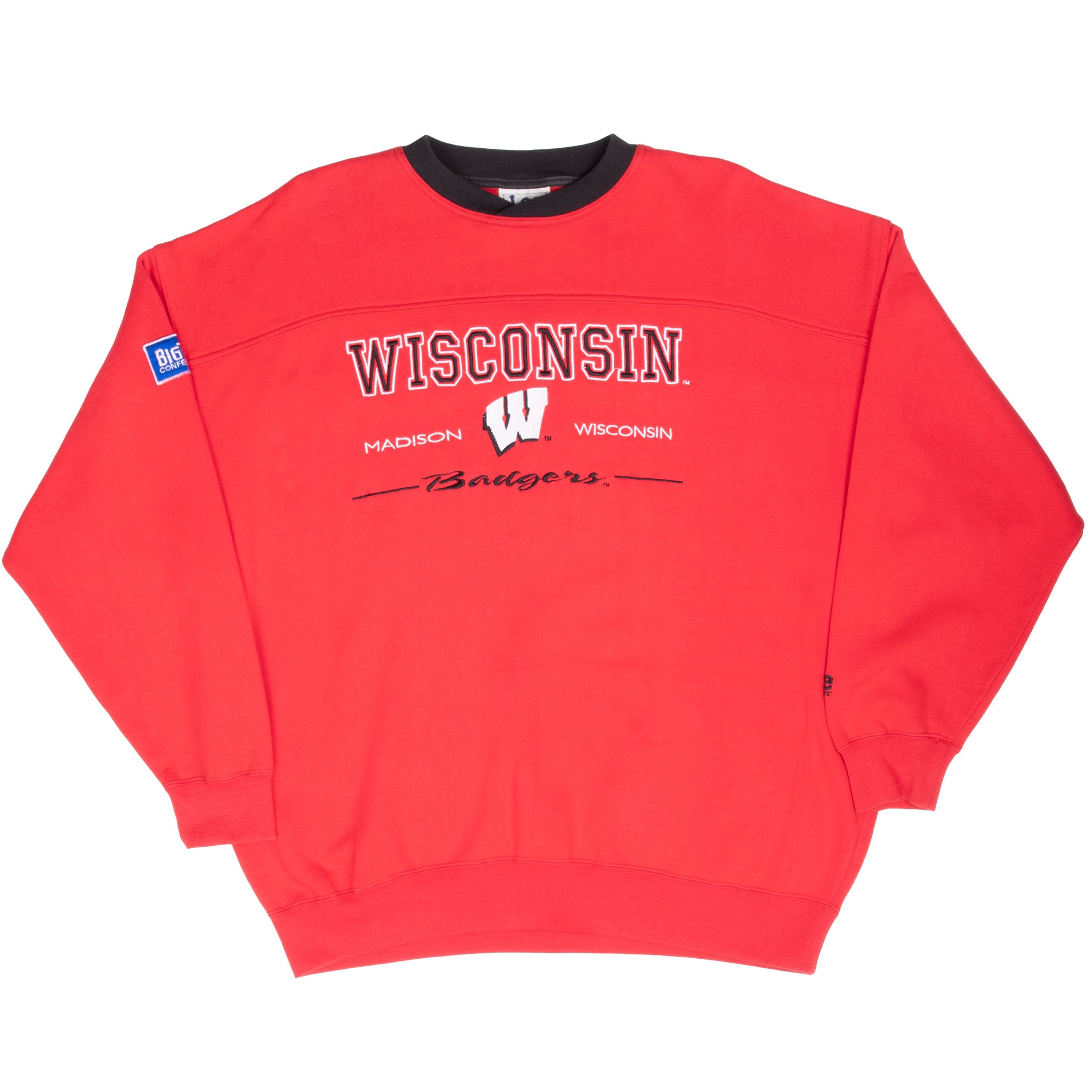 Full front view of red Wisconsin Badgers embroidered crewneck sweatshirt