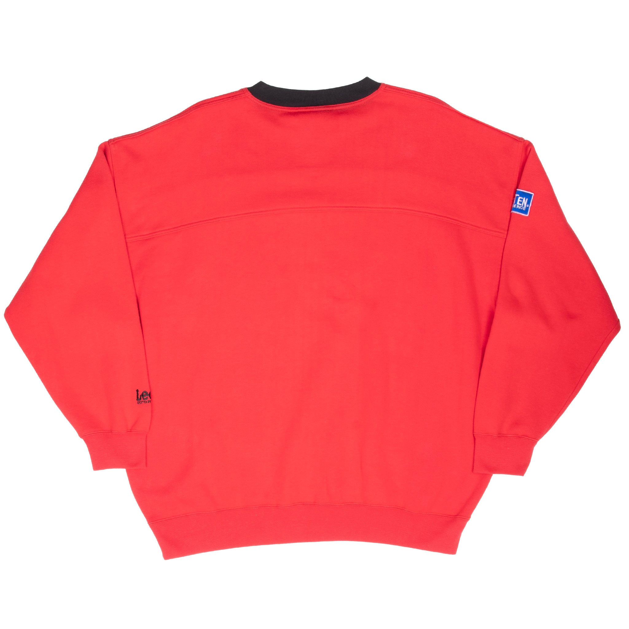Back of red Wisconsin Badgers sweatshirt with black crewneck collar