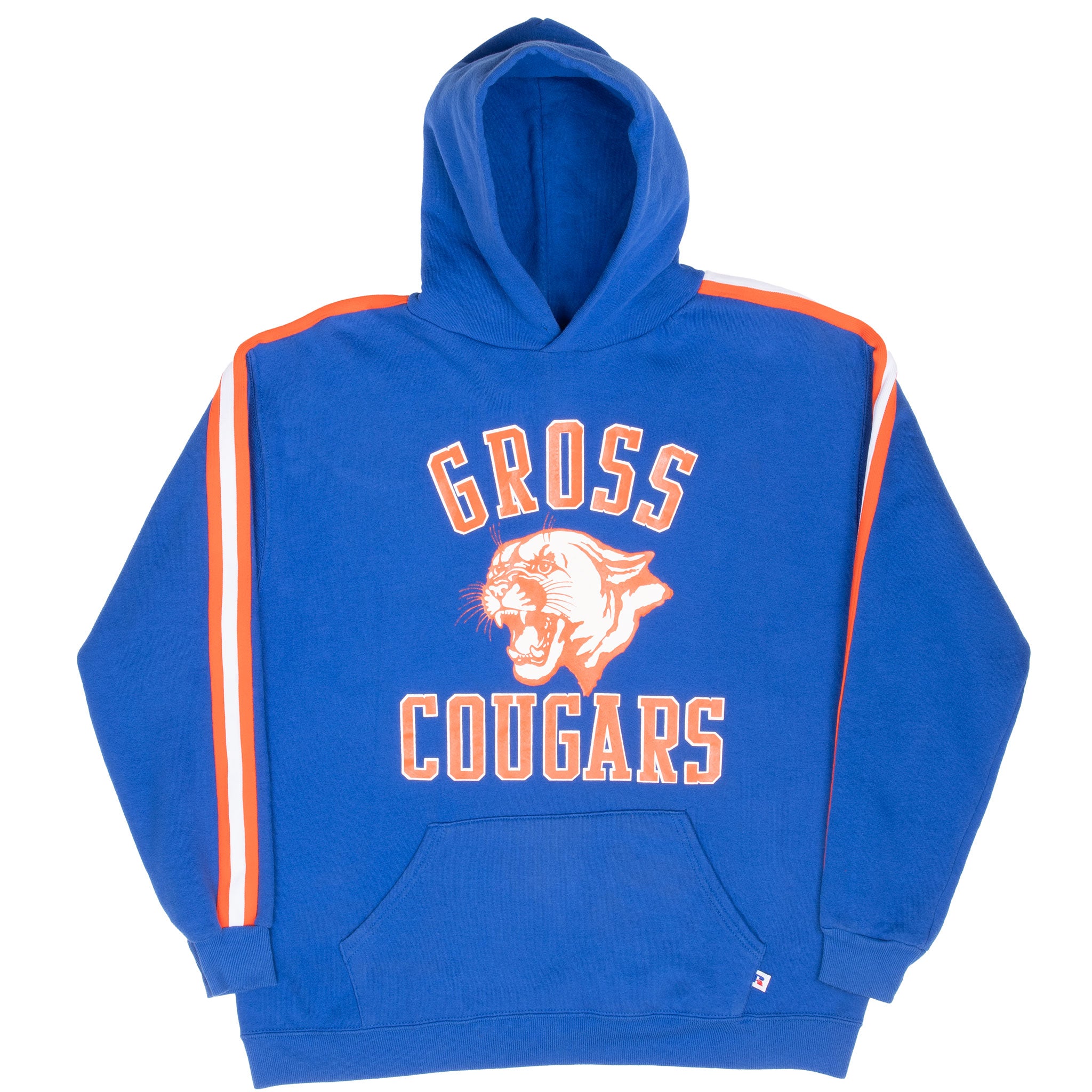 Front of blue Gross Cougars Russell Athletic hoodie with cougar graphic and striped sleeves