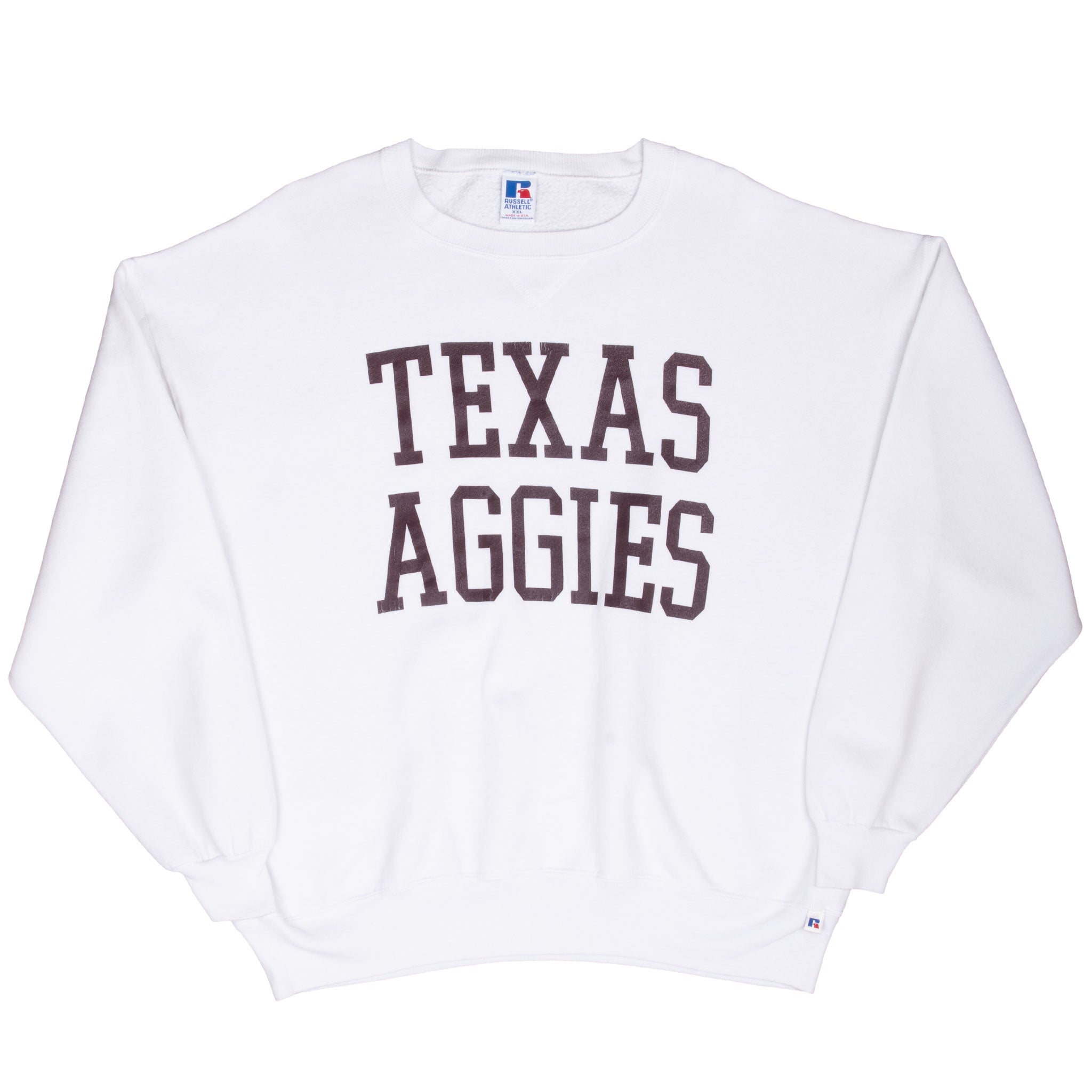Front of white Texas A&M Aggies crewneck sweatshirt with maroon lettering