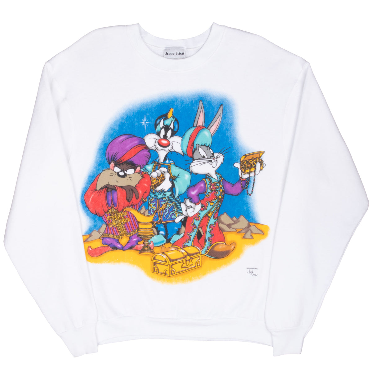 Full front view of white Looney Tunes sweatshirt with colorful genie character print