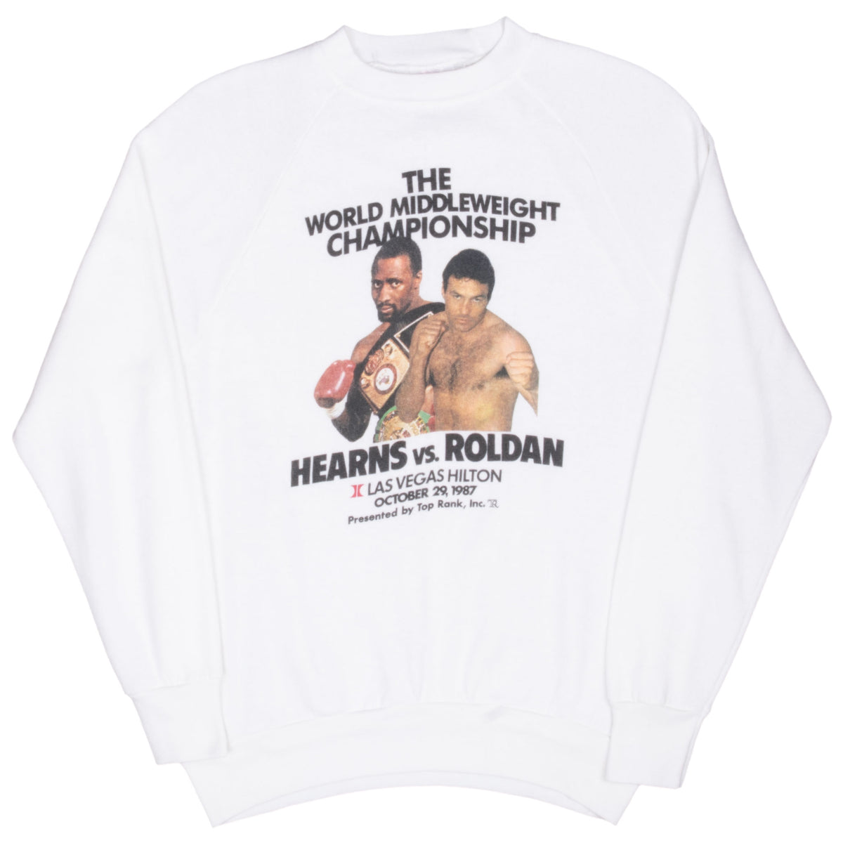 White sweatshirt front with Thomas Hearns and Juan Roldan boxing match graphic