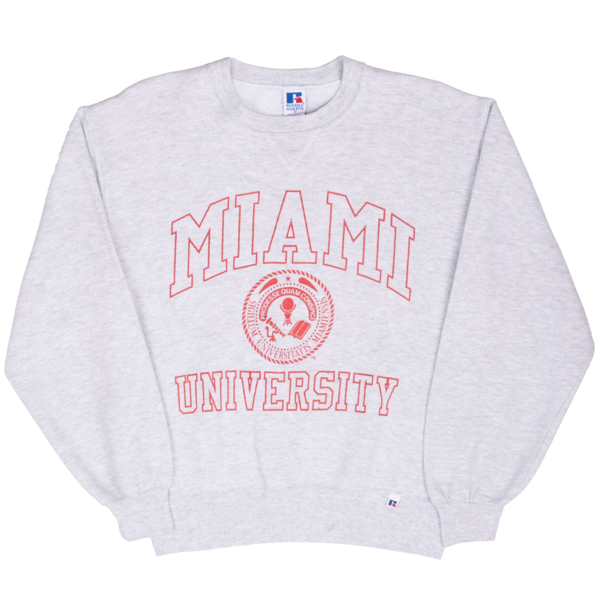 Full front view of gray Miami University crewneck sweatshirt with red graphic