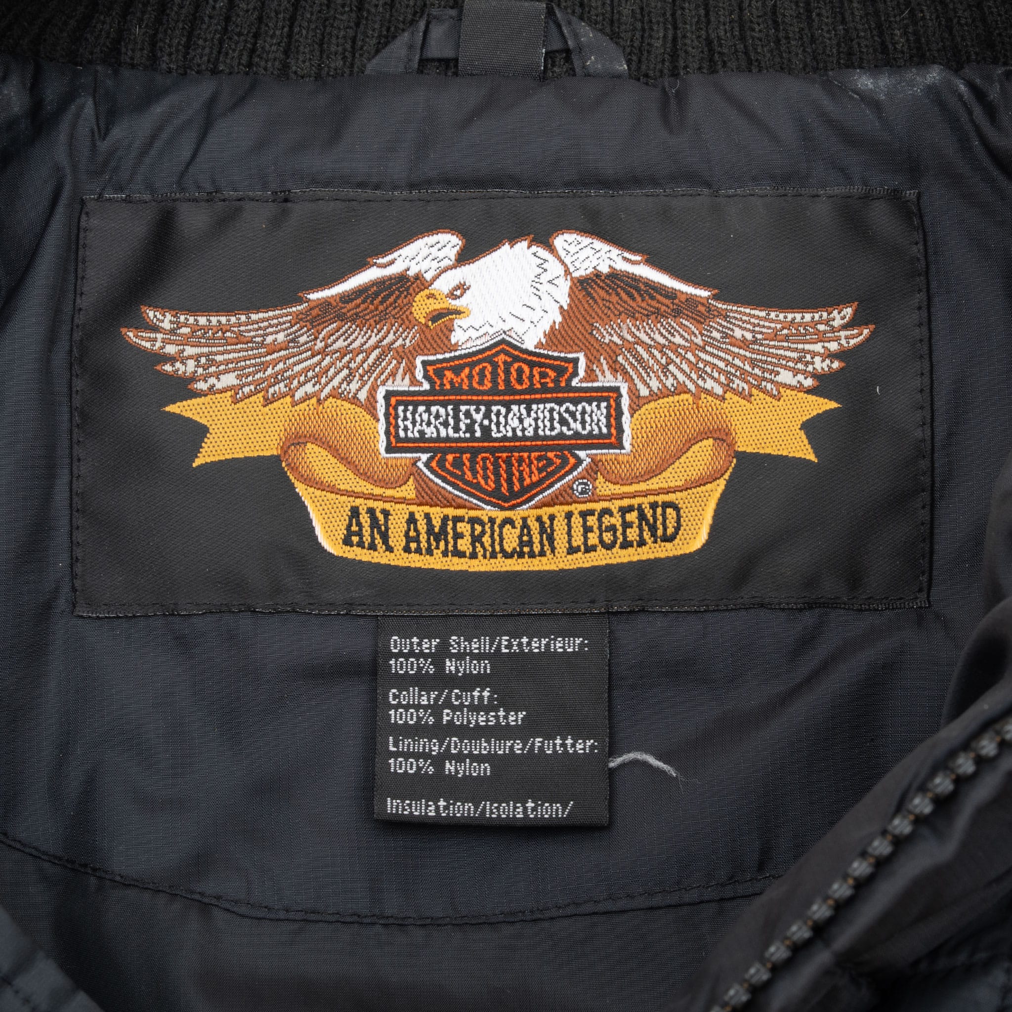 Interior Harley-Davidson eagle label and fiber content tag