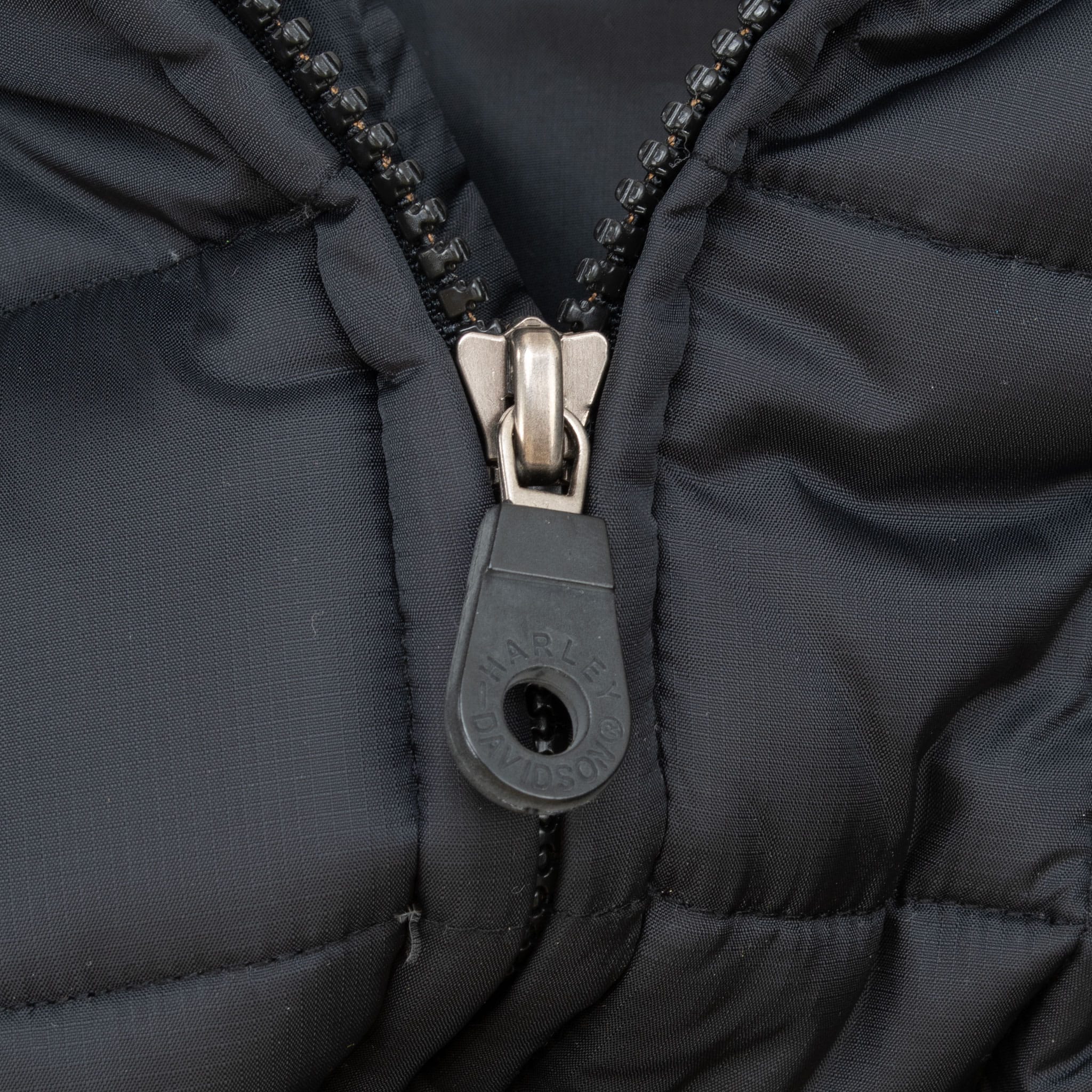 Close-up of Harley-Davidson branded front zipper pull