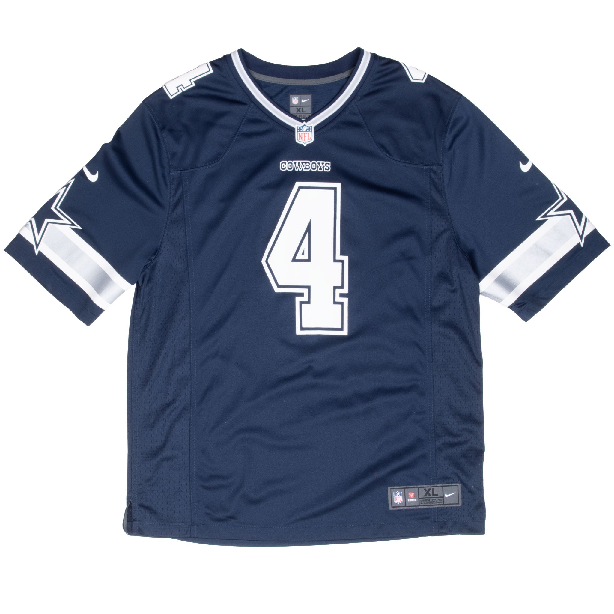 Front of navy Dallas Cowboys Prescott #4 Nike jersey with star sleeve graphics