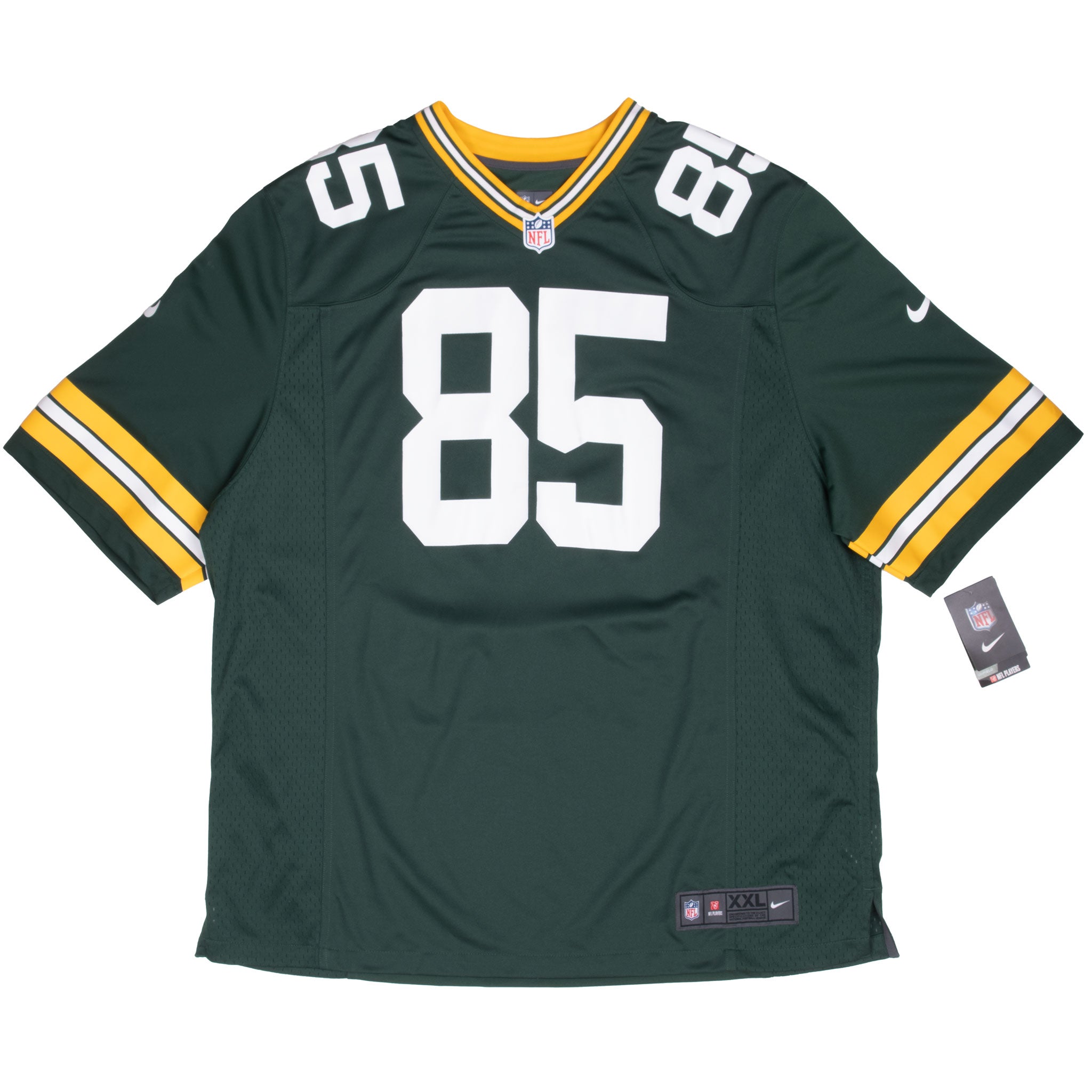 Full front of green Packers Greg Jennings Nike jersey with white 85 and attached tags