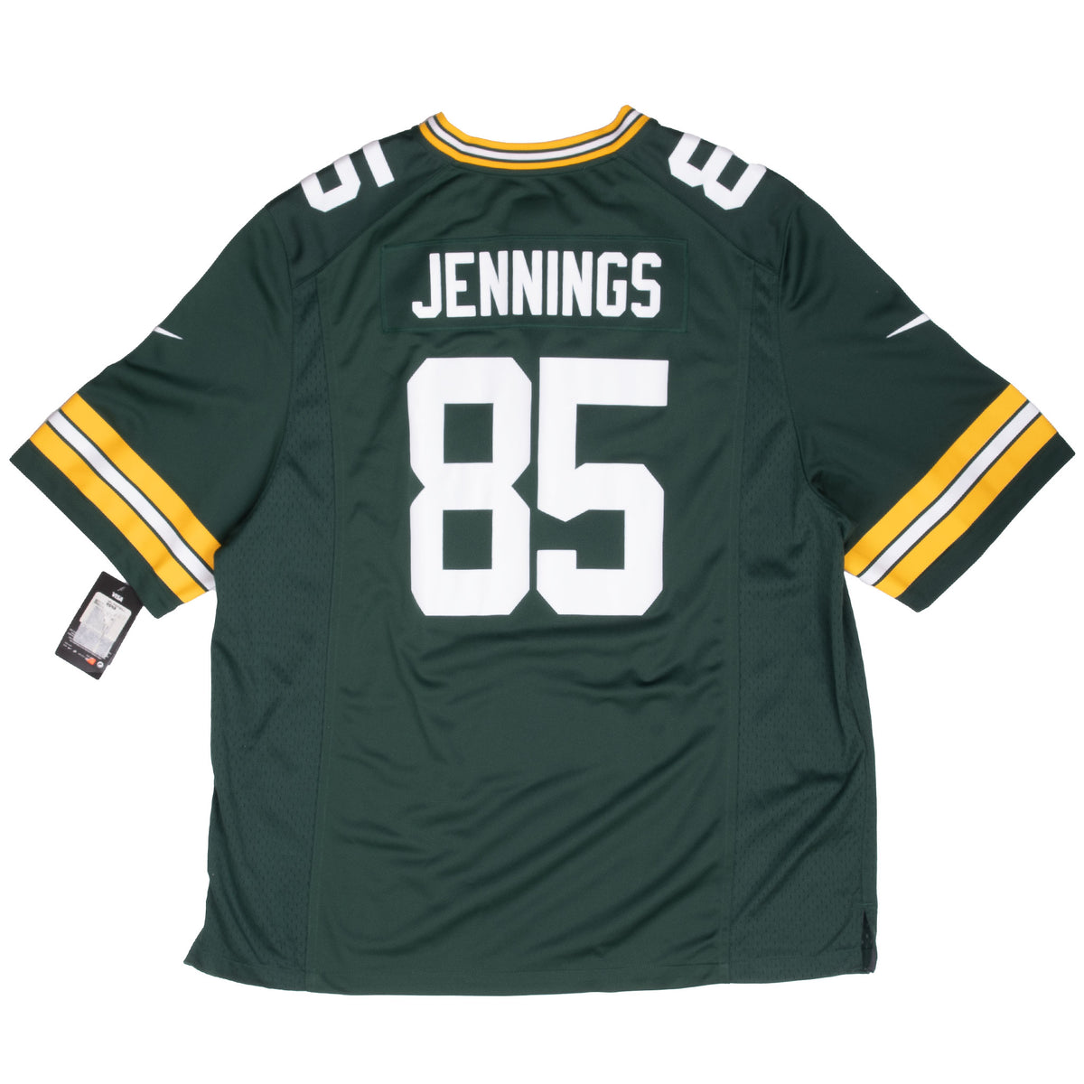 Back of green Packers jersey with Jennings lettering, white 85 and yellow-and-white sleeve stripes