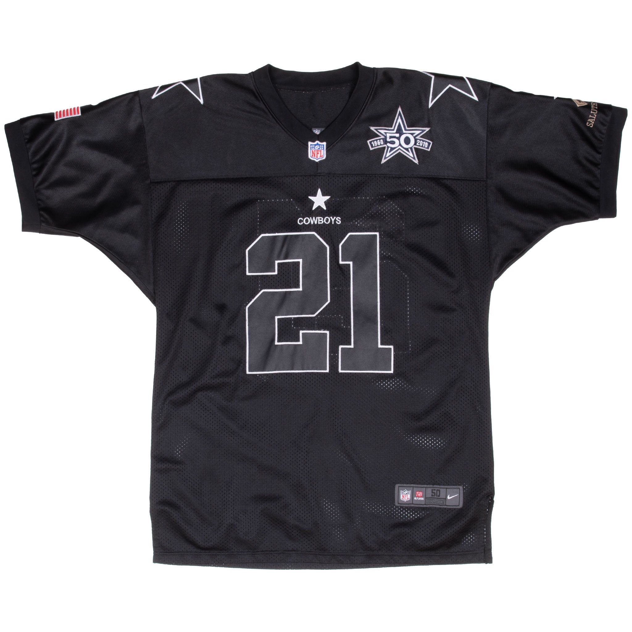 Front of black Dallas Cowboys Nike jersey with number 21, star shoulders and commemorative chest patch